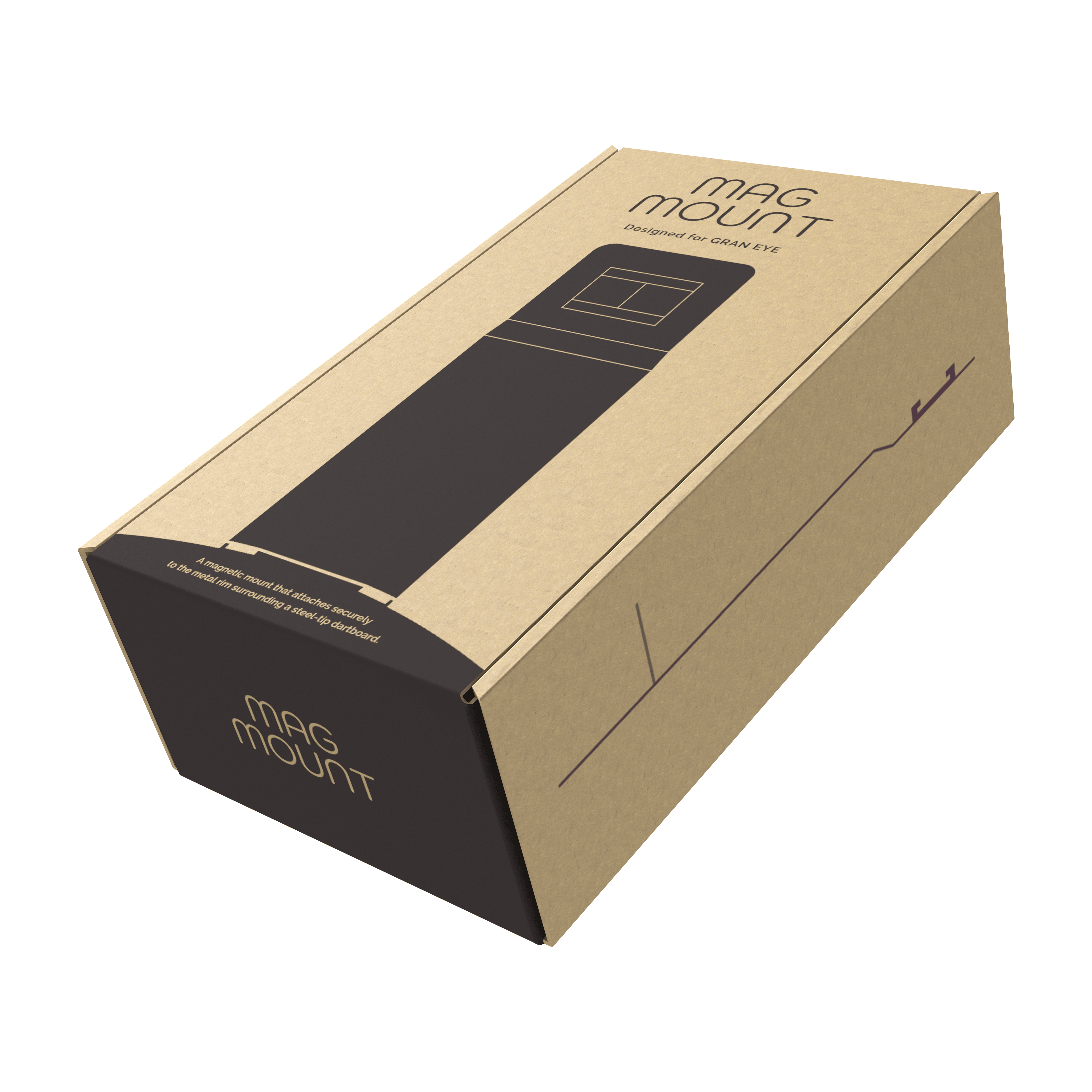 GranDarts Gran Eye Mag Mount attachment Die Abbildung zeigt eine Verpackung des Produkts "GranDarts GranEye Mag Mount Befestigung". Die Schachtel ist aus braunem Karton und trägt die Aufschrift "Mag Mount".