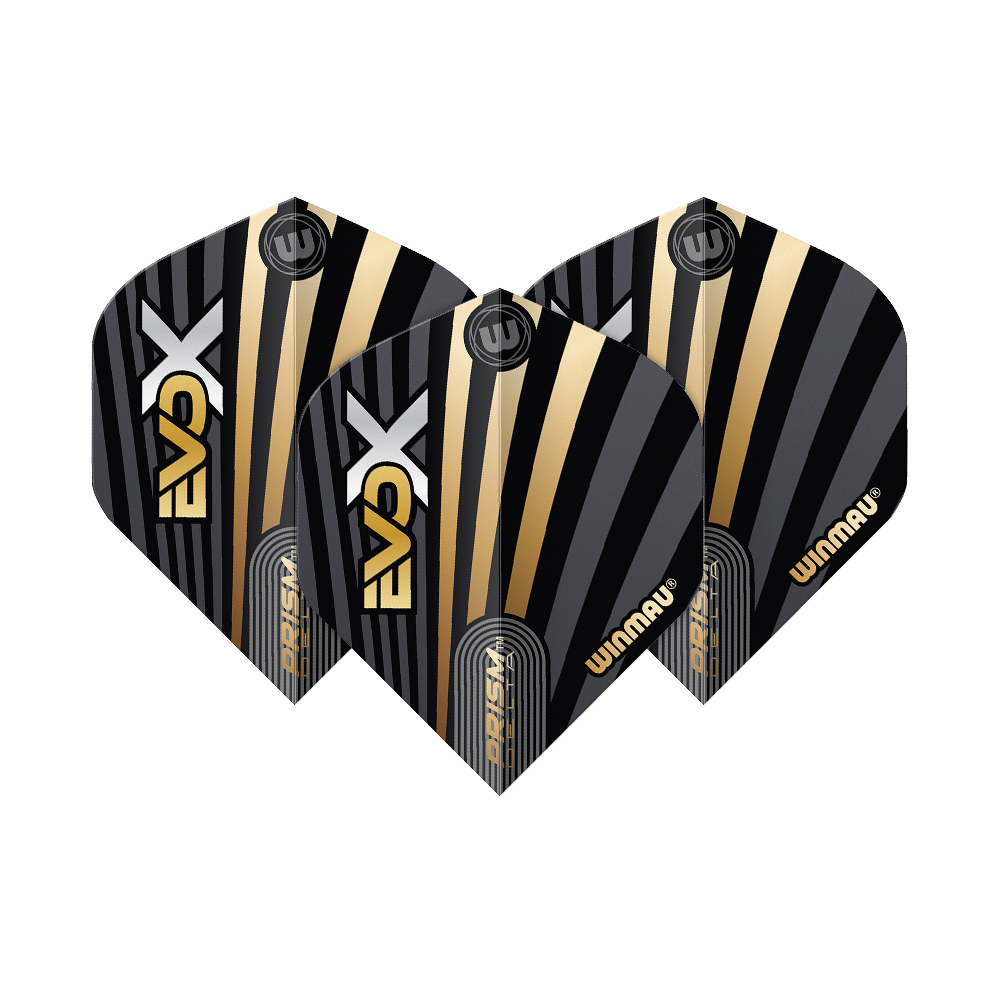 Das Bild zeigt drei Winmau Prism Delta MvG Evo-X No2 Standard Flights. Sie haben ein schwarzes Design mit goldenen und silbernen Streifen sowie dem Winmau-Logo.