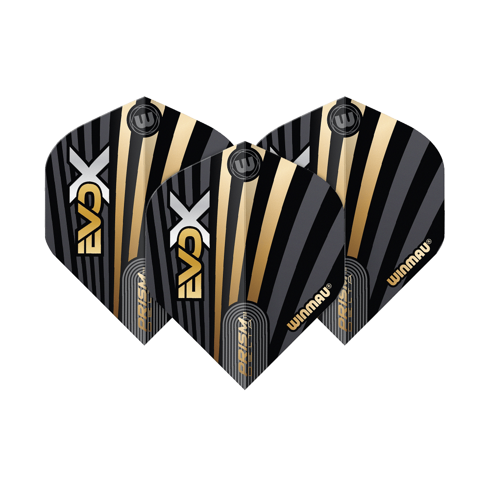 Winmau Prism Delta MvG Evo-X No2 Standard Flights Das Bild zeigt drei Winmau Prism Delta MvG Evo-X No2 Standard Flights. Sie haben ein schwarzes Design mit goldenen und silbernen Streifen sowie dem Winmau-Logo.