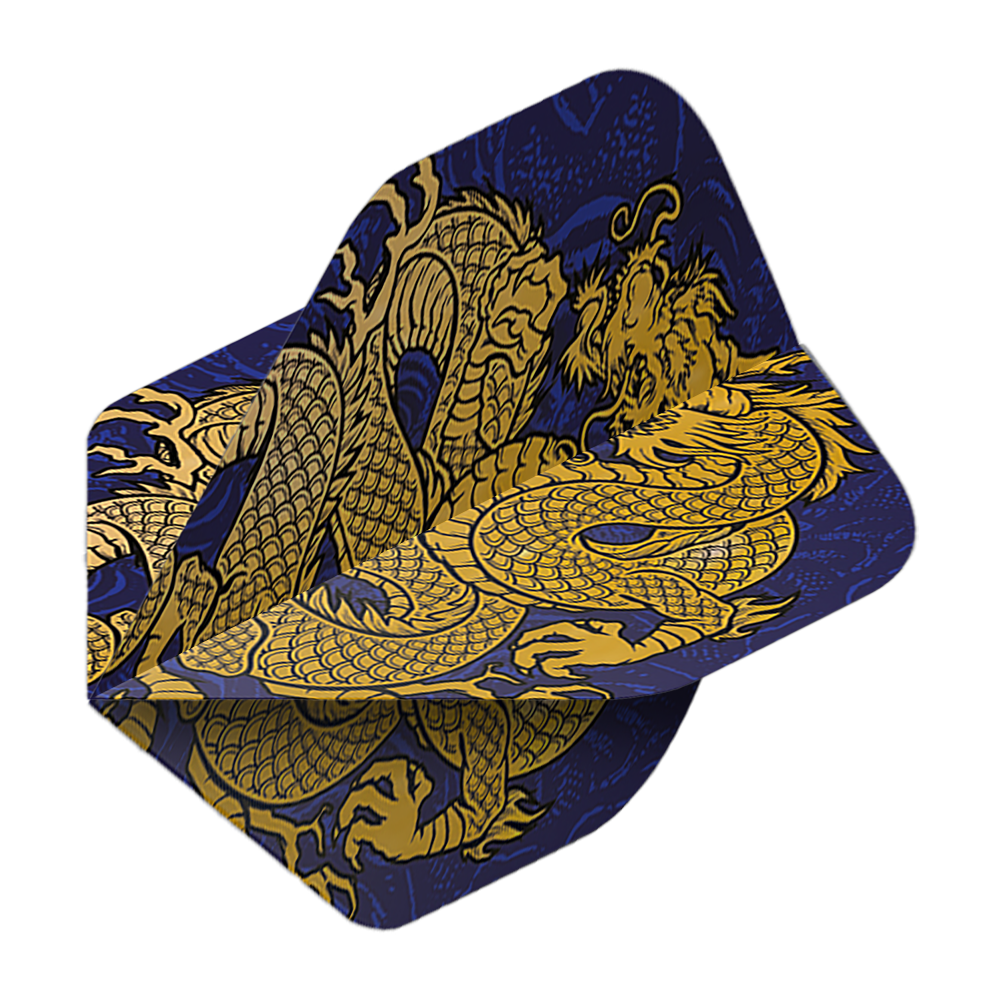 Pentathlon Flights Dragon blue Das Bild zeigt die Pentathlon Dragon 4 Standard Flights. Auf den Flights ist ein goldener Drache auf dunkelblauem Hintergrund abgebildet.
