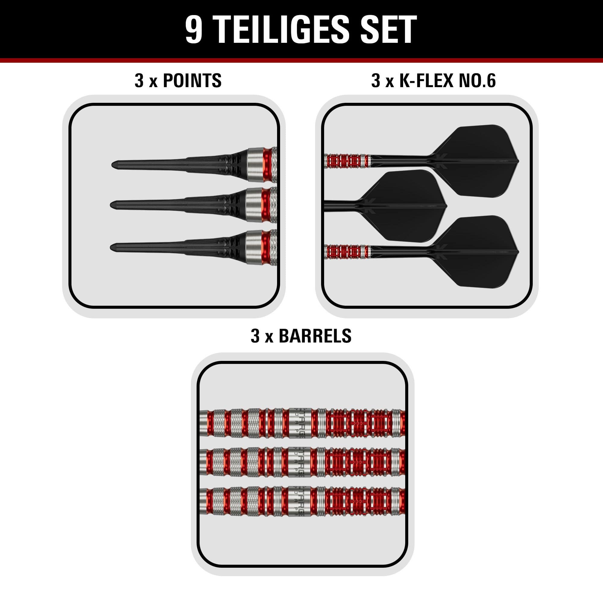 Abgebildet sind Target Black Marque Spinel Softdarts mit einem Gewicht von 21,5g. Sie zeichnen sich durch eine edle Optik und hohe Qualität aus.