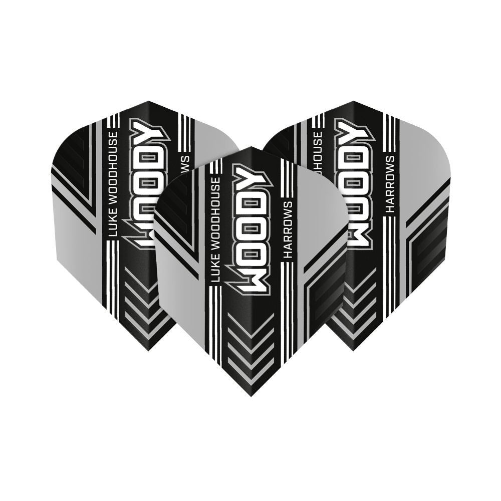 Harrows Prime Luke Woodhouse Woody No6 Flights Das Bild zeigt drei Dart-Flights mit dem Aufdruck "WOODY", "LUKE WOODHOUSE" und "HARROWS". Die Flights sind in Schwarz, Weiß und Grau gestaltet und haben ein modernes Streifendesign.