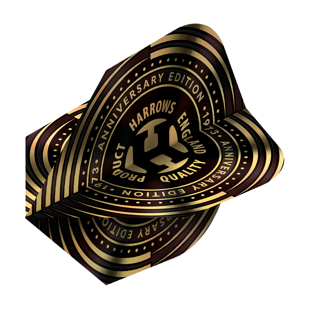Harrows Anniversary No6 Flights Das Bild zeigt die "Harrows Anniversary No6 Flights" mit einem goldenen und schwarzen Jubiläumsdesign. In der Mitte steht "Harrows England Quality" umgeben von den Worten "Anniversary Edition 1973".