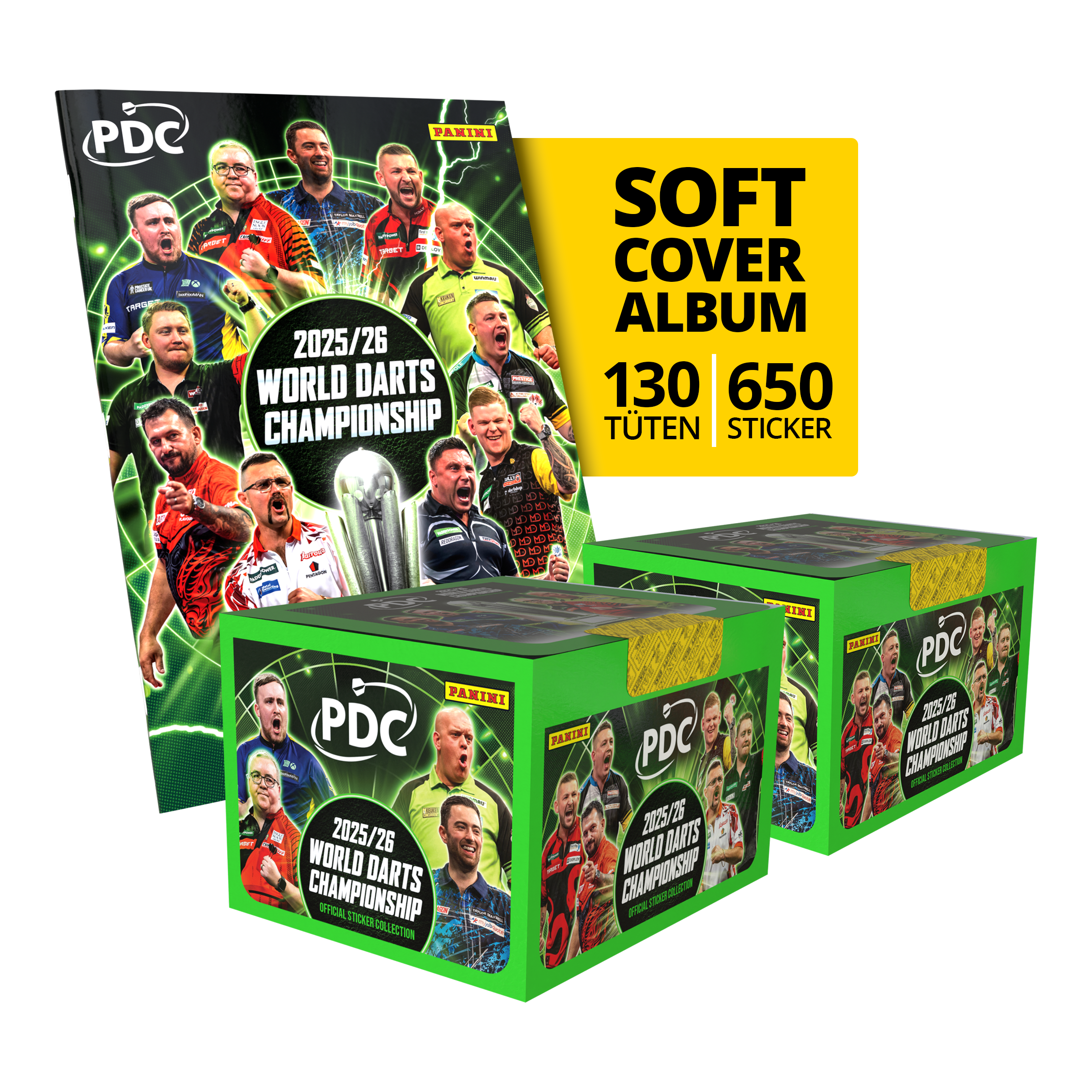 Panini PDC World Darts Championship 2025/26 - Softcover Mega Bundle with two sticker boxes Gezeigt wird das Panini PDC World Darts Championship 2025/26 Softcover Mega Bundle mit zwei Stickerboxen. Das Mega Bundle bietet noch mehr Sticker zum Sammeln und Tauschen.