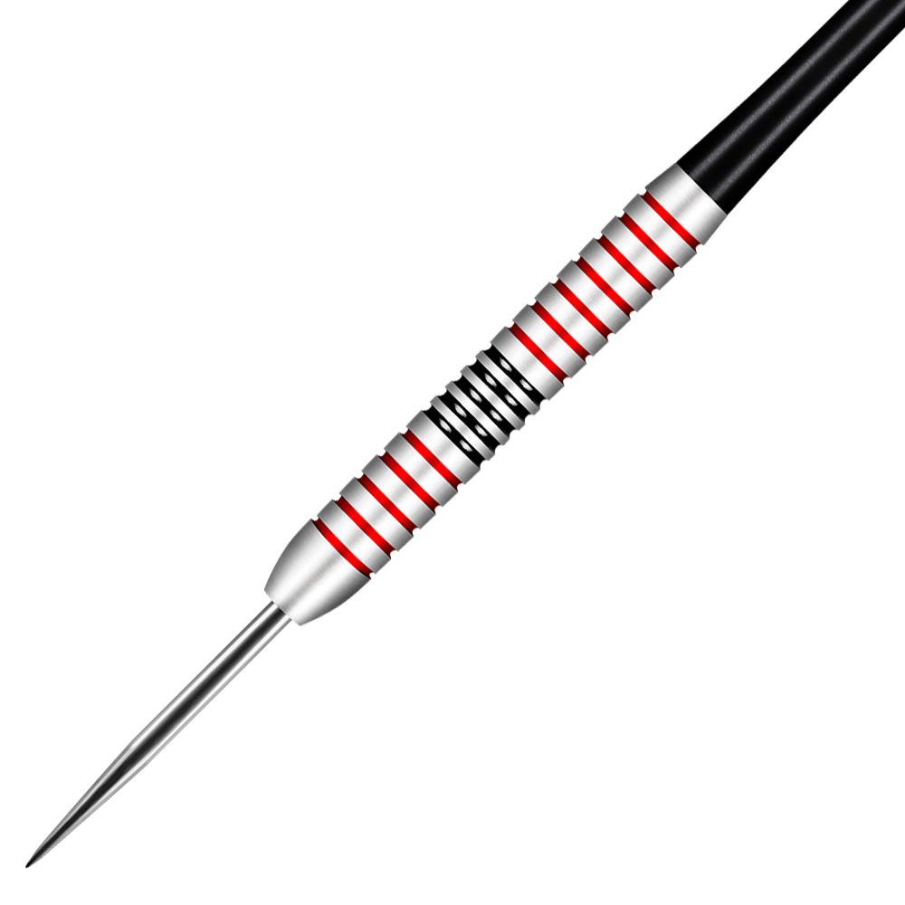 Shot Michael Smith Plated Brass Steeldarts - 24g Das Bild zeigt einen Shot Michael Smith Plated Brass Steeldart mit einem Gewicht von 24g. Der Dartpfeil hat rote und schwarze Rillen auf dem silbernen Barrel.