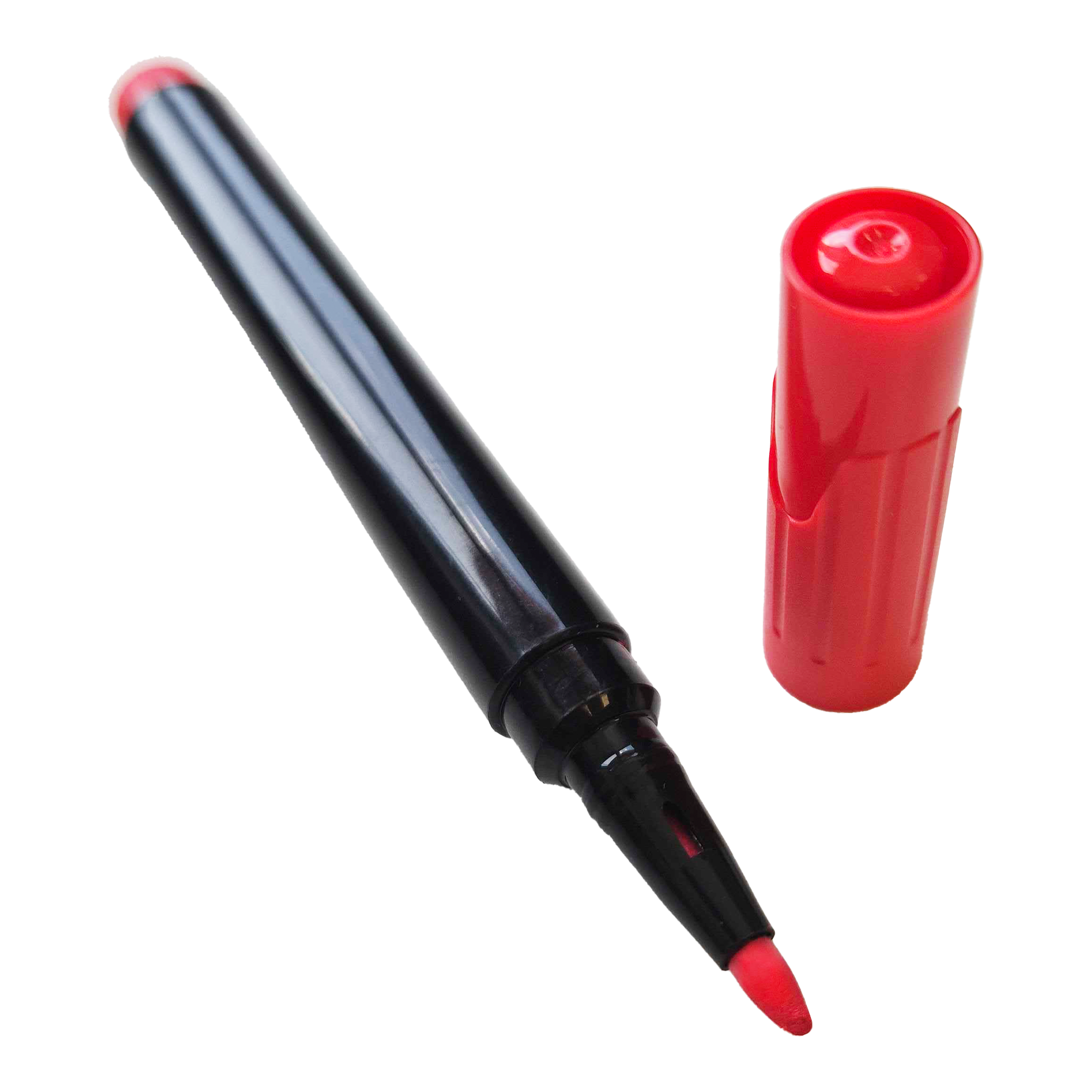 Auf dem Bild ist ein roter Boardmarker mit abgenommener Kappe zu sehen. Der Marker liegt schräg, und die rote Spitze ist gut erkennbar.