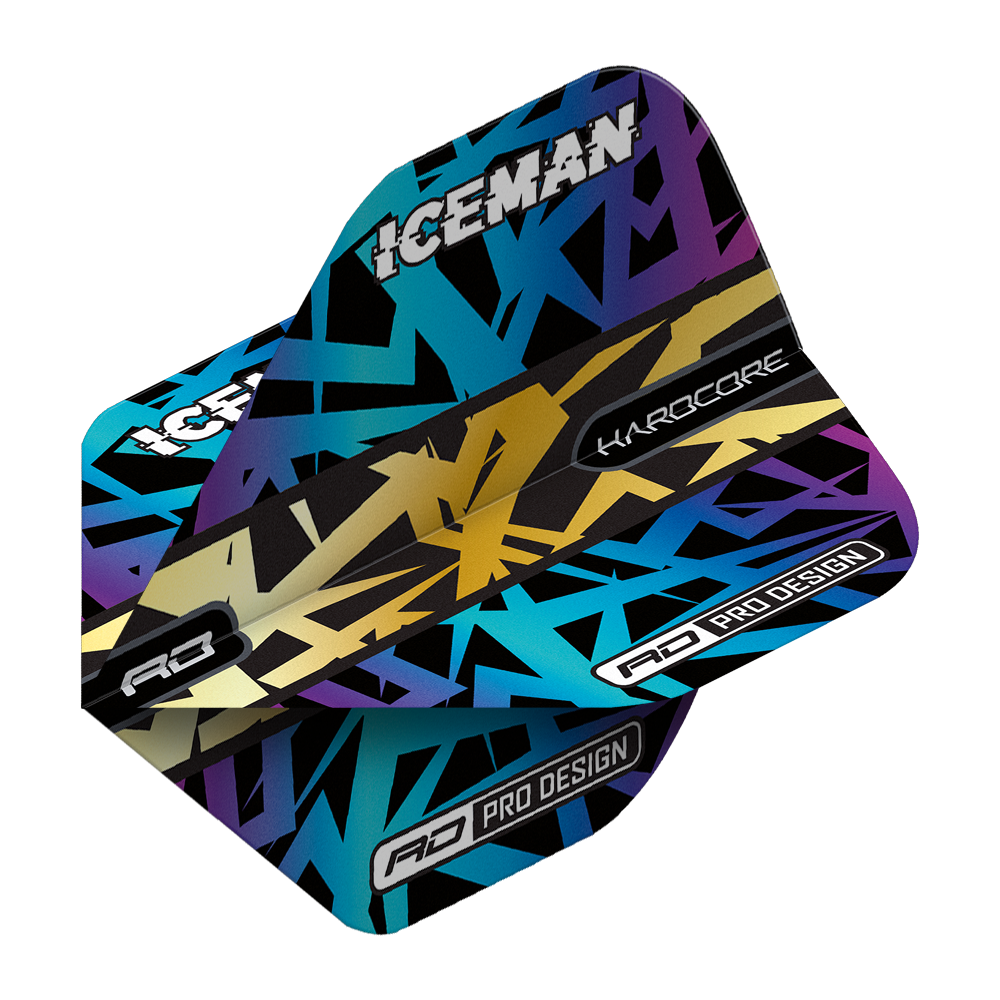 Das Bild zeigt die Red Dragon Hardcore Gerwyn Price Rainbow Gold Standard Flights. Die Flights haben ein auffälliges, buntes Design mit den Aufschriften "ICEMAN", "HARDCORE" und "PRO DESIGN".