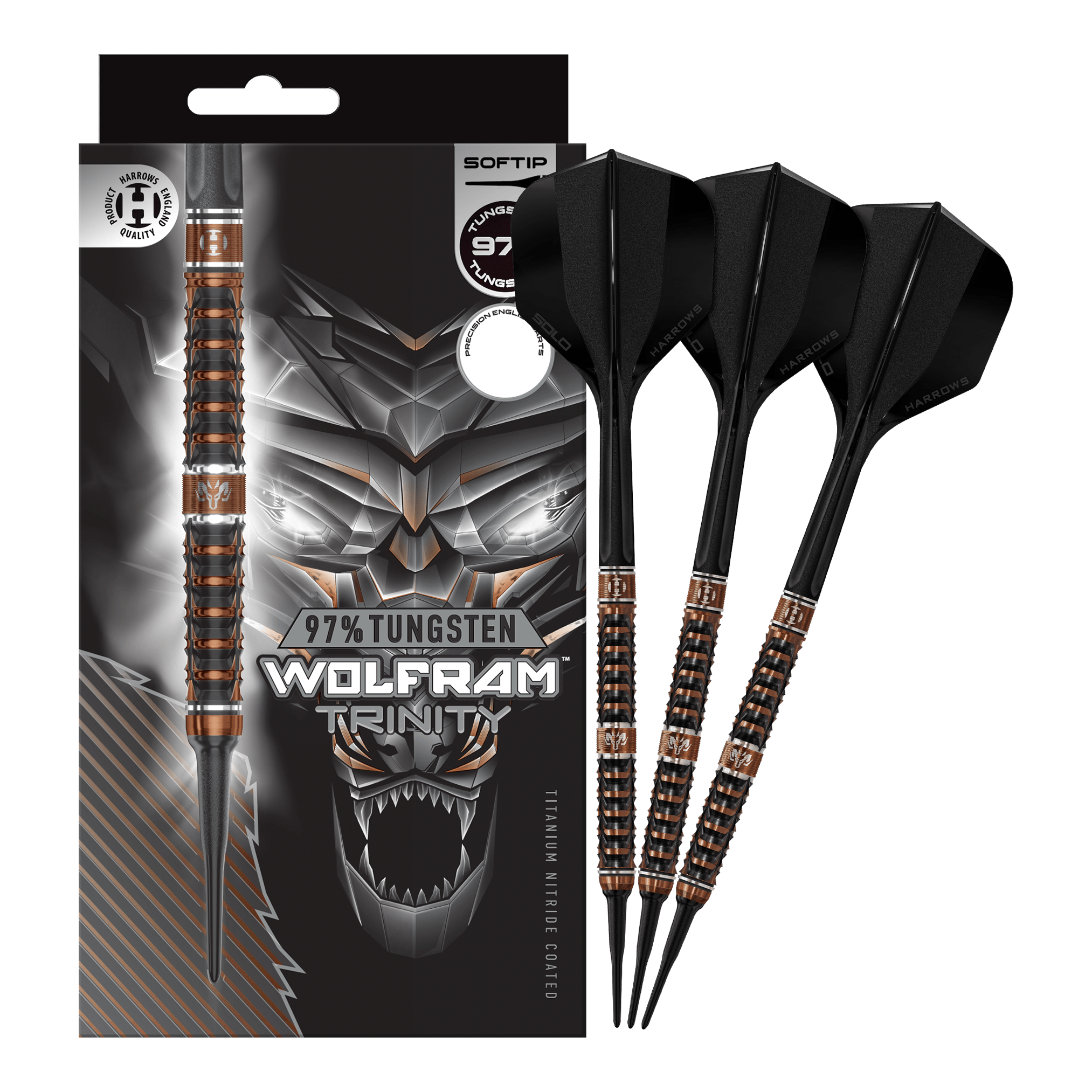 Harrows Tungsten Trinity soft darts Das Bild zeigt die Harrows Wolfram Trinity Softdarts in voller Ansicht. Die Softdarts sind hochwertig verarbeitet.