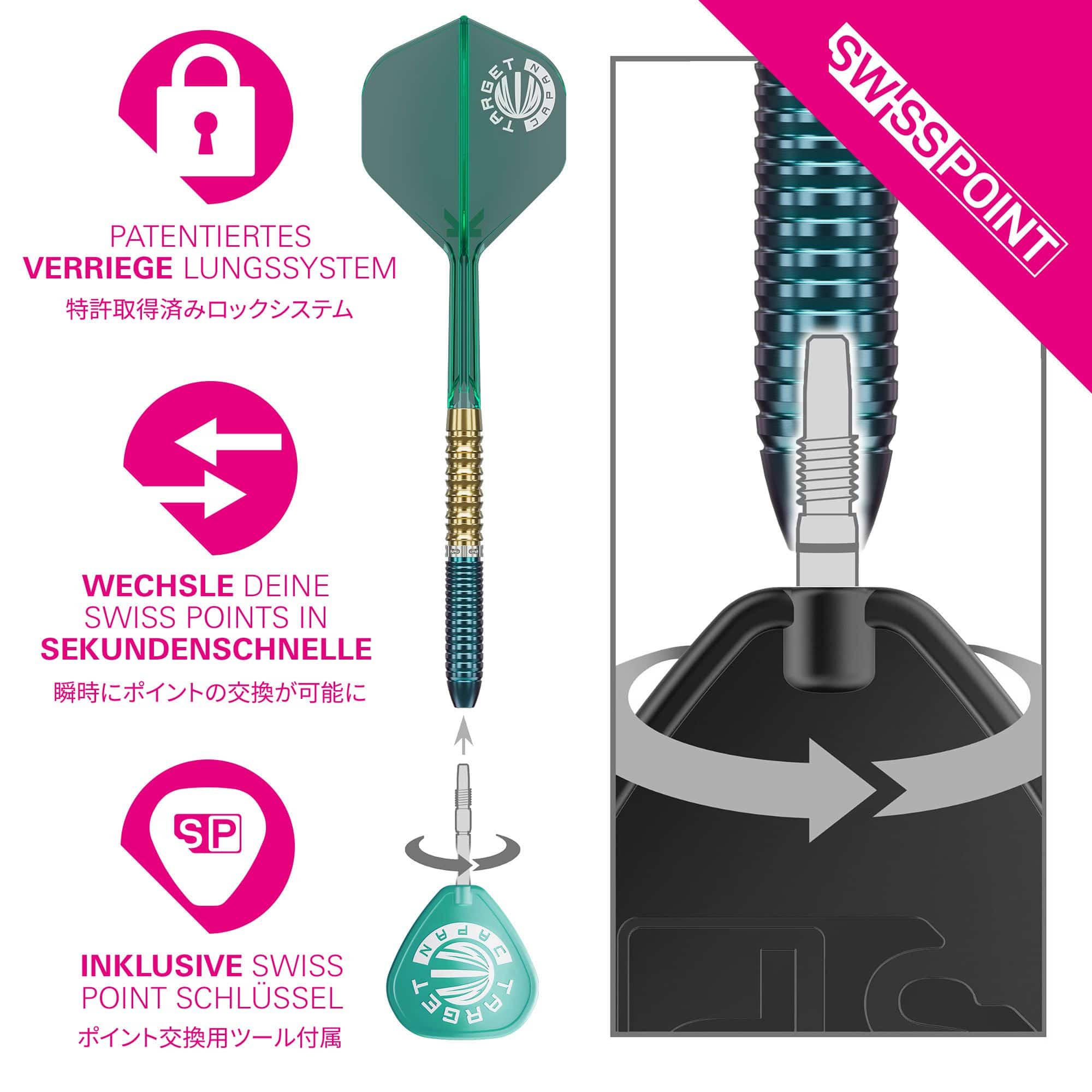 Target Japan Prime Series Zenith GEN 2.5 Swiss Point Steeldarts Target Japan Prime Series Zenith GEN 2.5 Swiss Point Steeldarts sind hochwertige Steeldarts für professionelle Spieler. Das Bild zeigt das Produkt in Nahaufnahme.