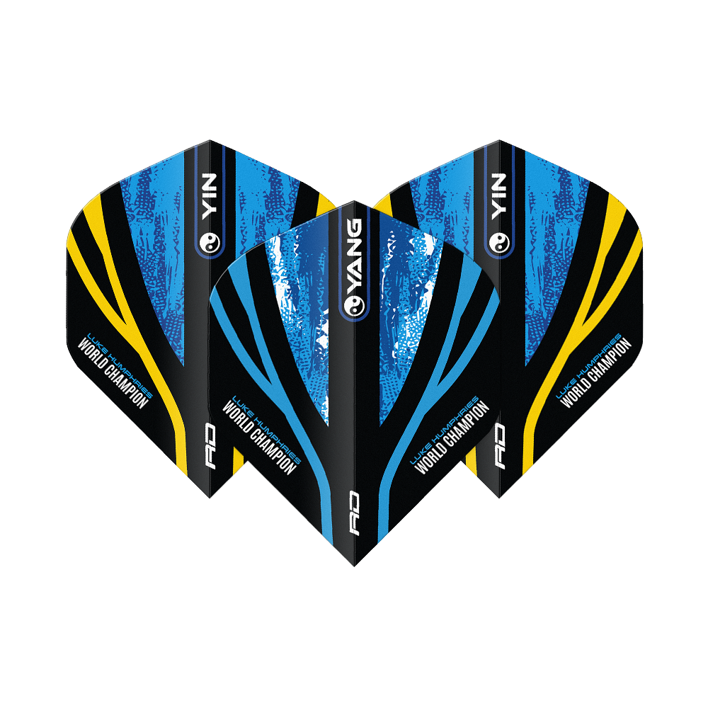 Das Bild zeigt drei Dart-Flights mit dem Design "Red Dragon Luke Humphries World Champion Blue Gold Yin Yang Standard Flights". Die Flights sind in Blau, Schwarz und Gold gehalten und tragen die Aufschrift "World Champion".