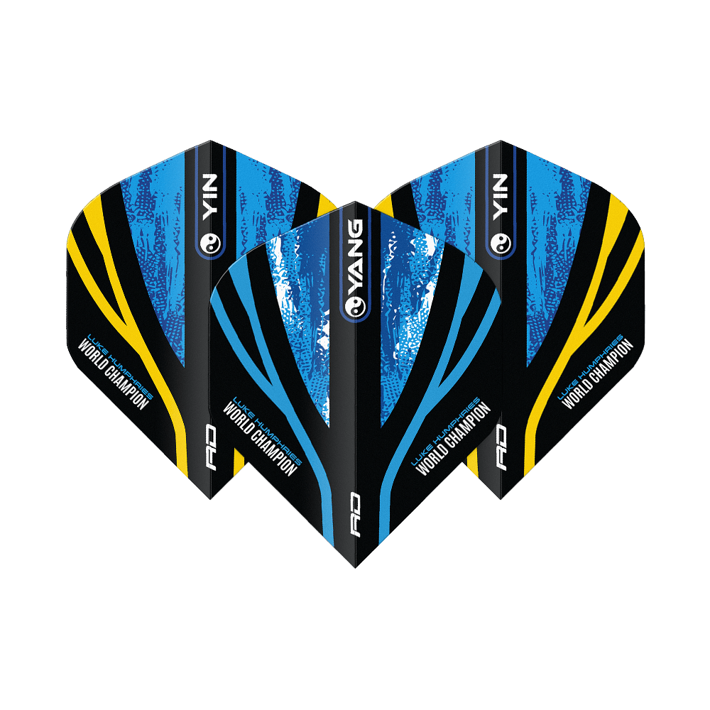 Red Dragon Luke Humphries World Champion Blue Gold Yin Yang Standard Flights Das Bild zeigt drei Dart-Flights mit dem Design "Red Dragon Luke Humphries World Champion Blue Gold Yin Yang Standard Flights". Die Flights sind in Blau, Schwarz und Gold gehalten und tragen die Aufschrift "World Champion".