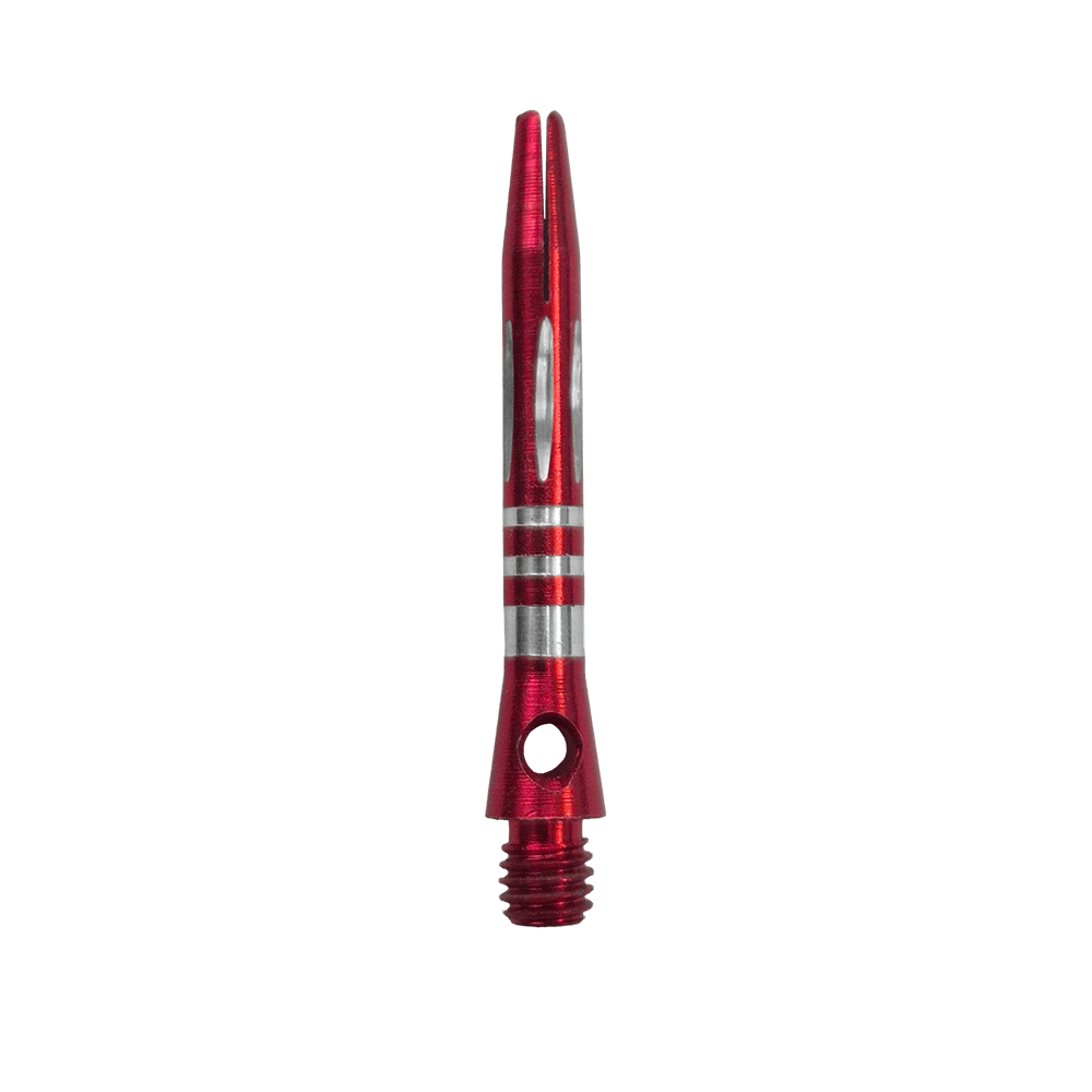 Zu sehen ist der Ringed Diamond Cut Aluminium Shafts - Rot - 35 mm. Der Schaft ist aus rotem Aluminium gefertigt und besitzt eine strukturierte Oberfläche.