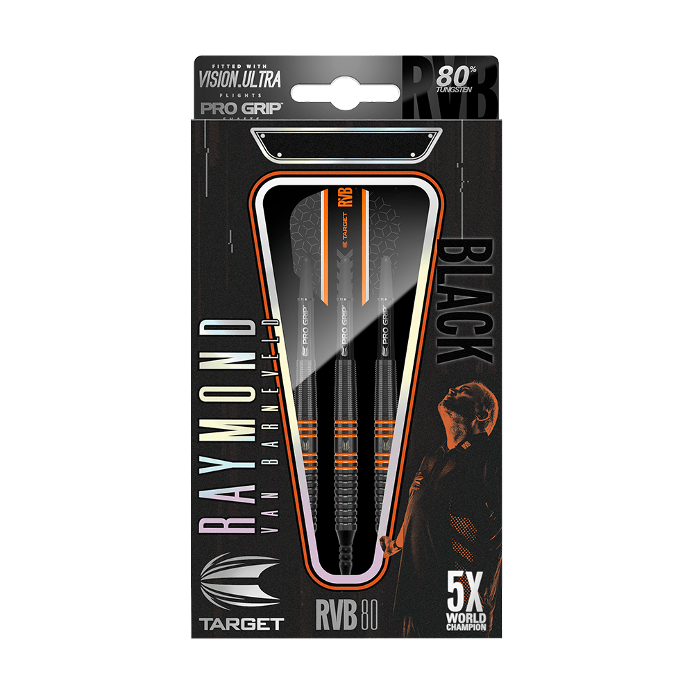 100153-Target-RVB-80-Black-Tungsten-Softdarts-3-4-Wallet Das Bild zeigt die Verpackung der "Target RVB 80% Black Tungsten Softdarts". Auf der Verpackung sind drei Darts sowie der Name Raymond van Barneveld und der Hinweis auf 80% Tungsten zu sehen.