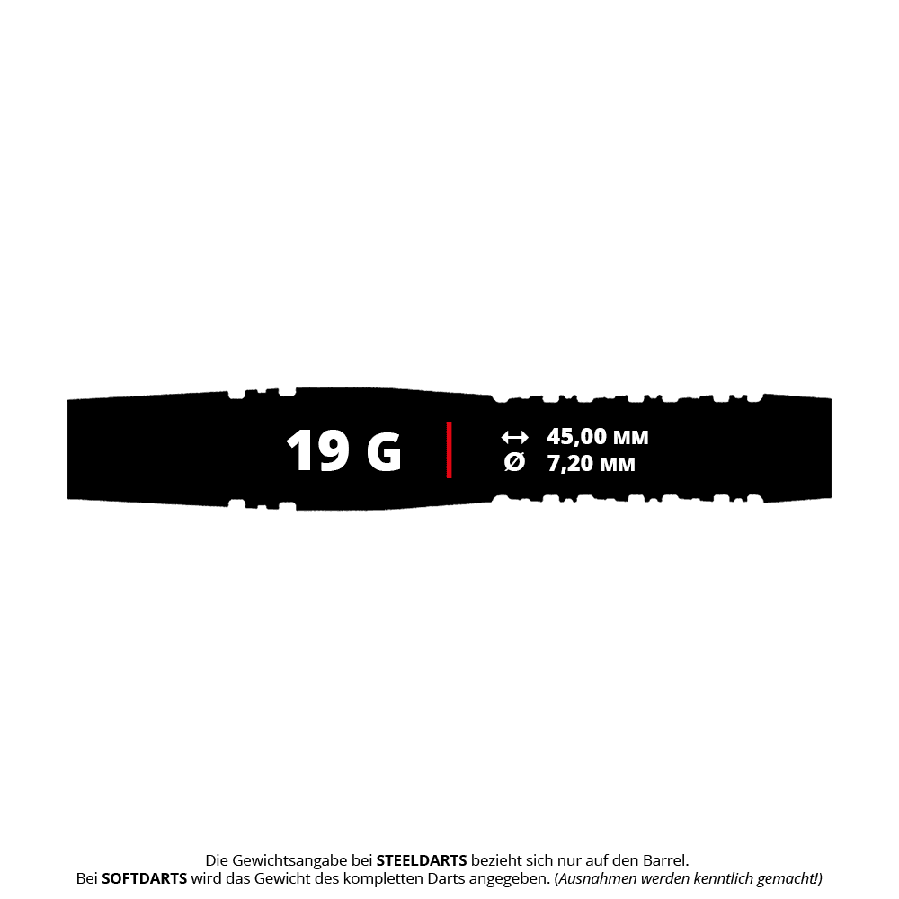 Abgebildet ist der Caliburn Prisma P1 Softdart mit einem Gewicht von 19g. Dieses Produkt ist ein Softdart-Pfeil in moderner Ausführung.