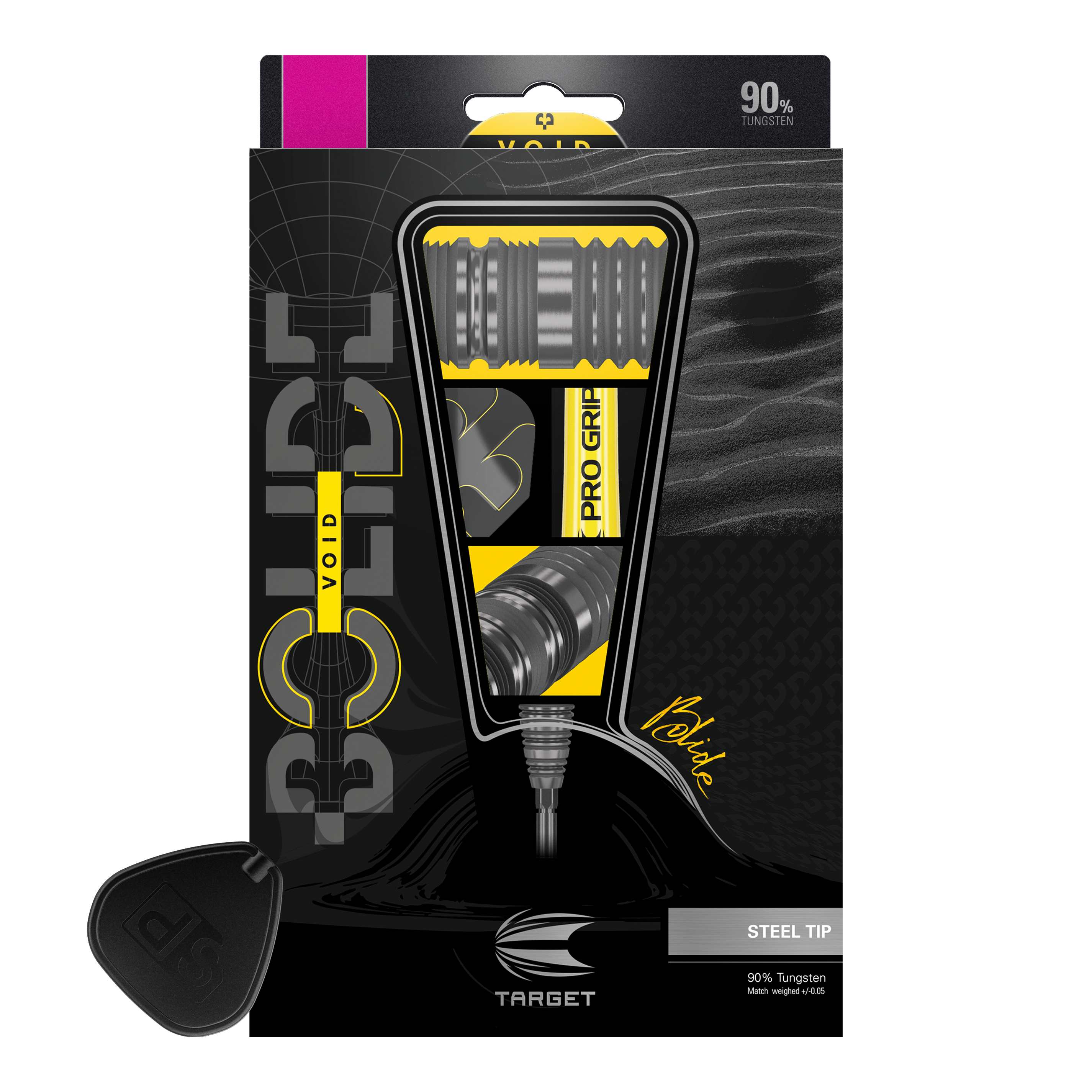 Target Bolide Void 01 Swiss Point Steeldarts Das Bild zeigt die Verpackung der "Target Bolide Void 01 Swiss Point Steeldarts". Auf der Verpackung sind die Darts sowie wichtige Produktinformationen, wie „90 % Tungsten“ und „Pro Grip“, zu sehen.