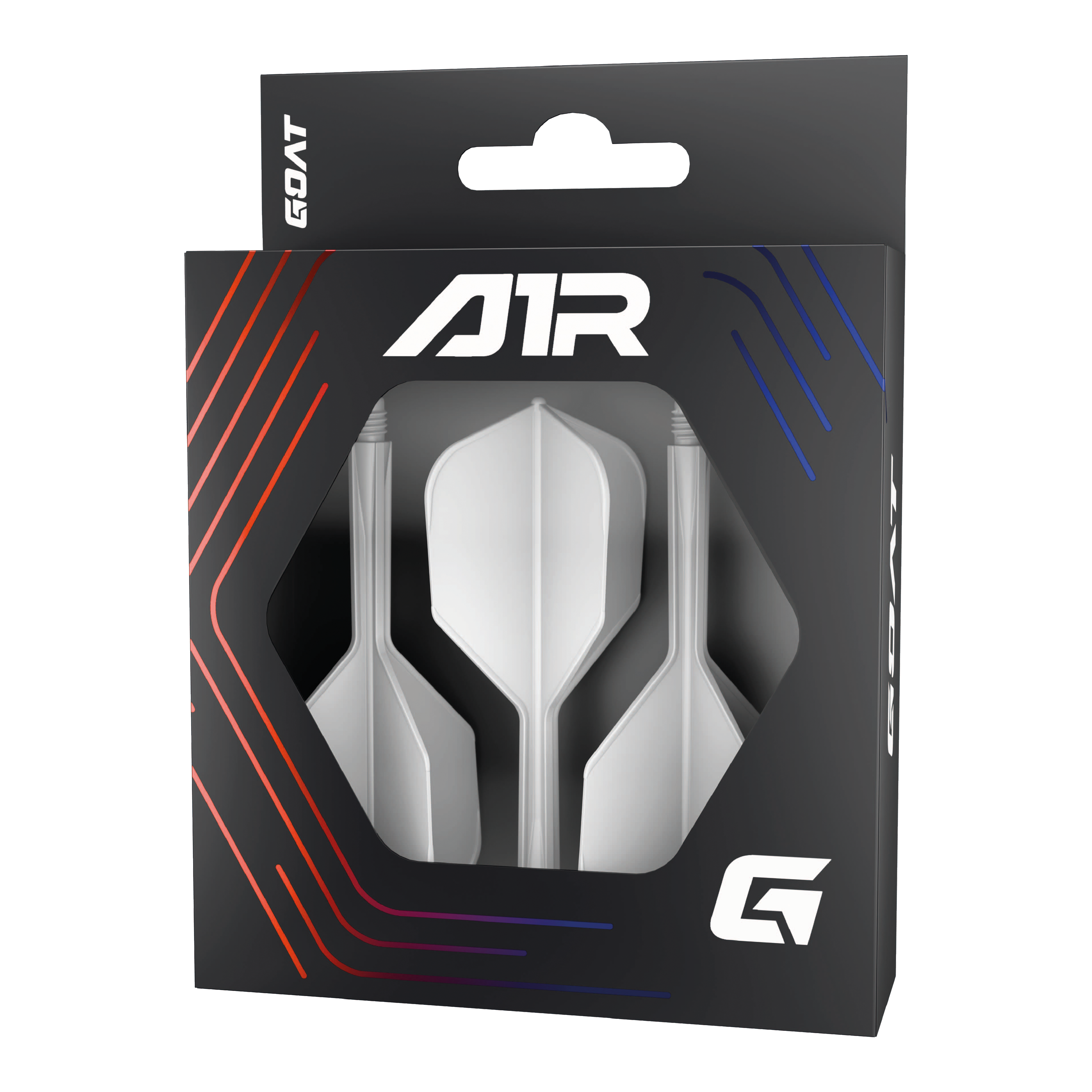 GOAT A1R No6 Flight Shaft System - White Die Abbildung zeigt das Produkt „GOAT A1R No6 Flight-Shaft-System - Weiß“ in einer schwarzen Verpackung mit Sichtfenster. In der Verpackung sind drei weiße Dart-Flights mit Schäften zu sehen.