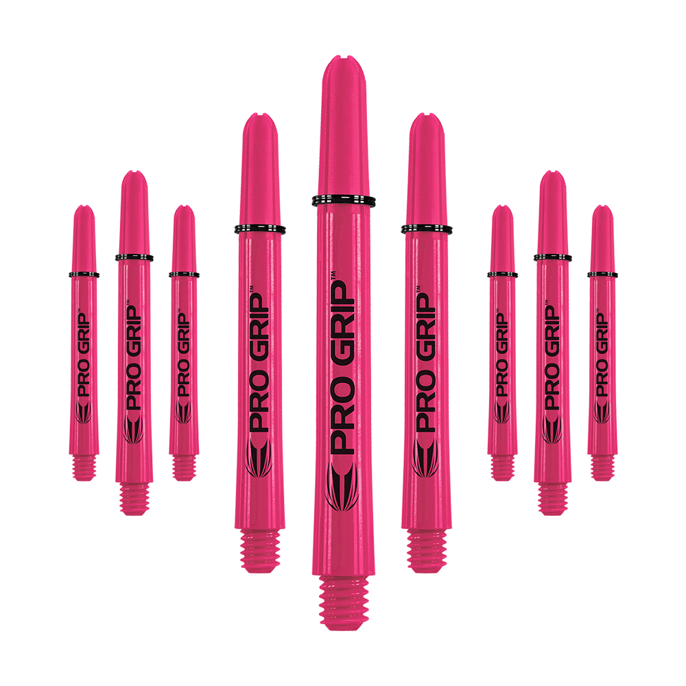 Target Pro Grip Shafts - 3 Sets - Pink Auf dem Bild sind neun pinke Pro Grip Shafts zu sehen, die für Dartpfeile verwendet werden. Sie sind gleichmäßig angeordnet und tragen den Schriftzug "PRO GRIP" in schwarzer Farbe.