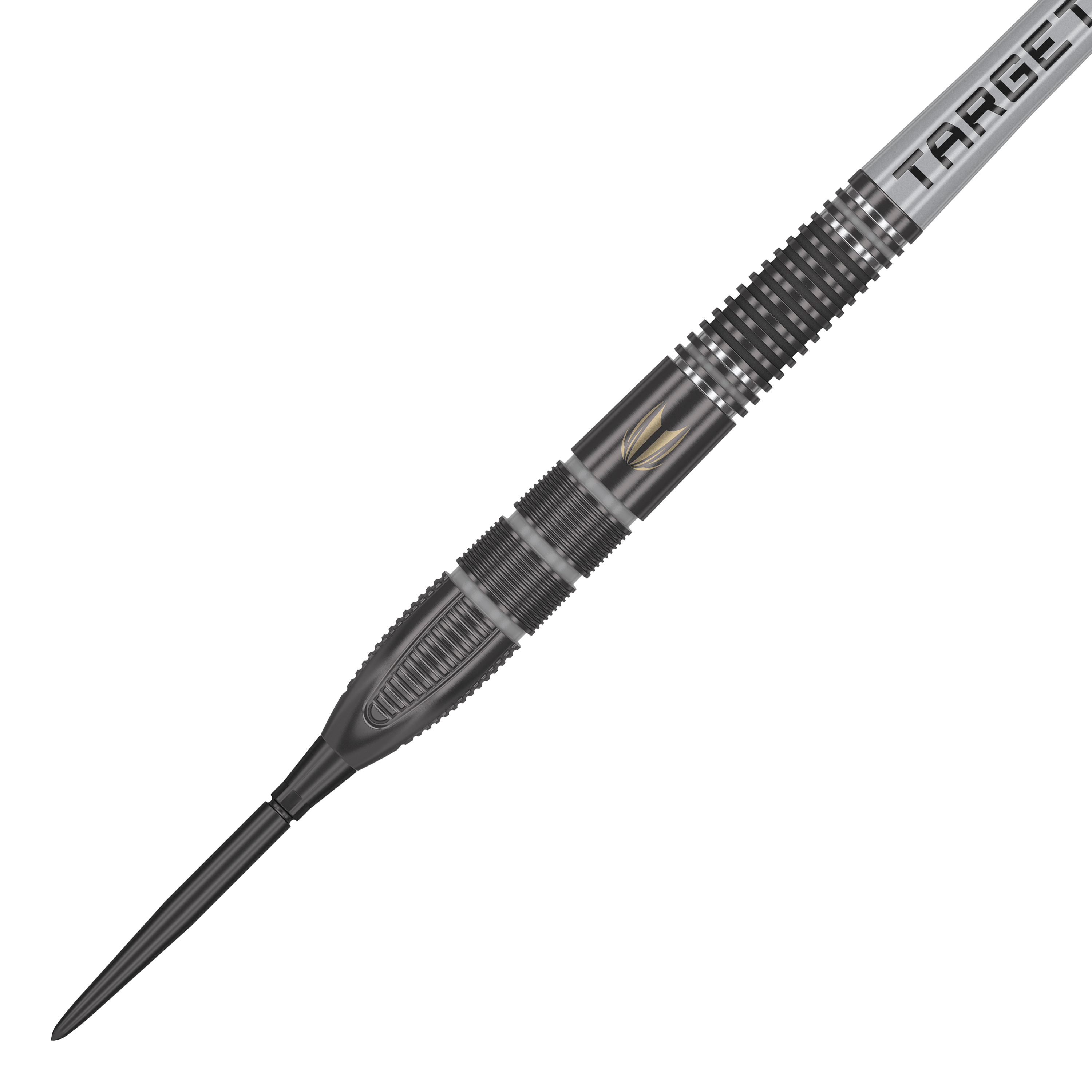 Target Nathan Aspinall X Echo Swiss Point steel darts Das Bild zeigt den Target Nathan Aspinall X Echo Swiss Point Steeldart. Der Dartpfeil ist schwarz-silbern mit einem detaillierten Griffdesign und dem Schriftzug "TARGET" am Schaft.