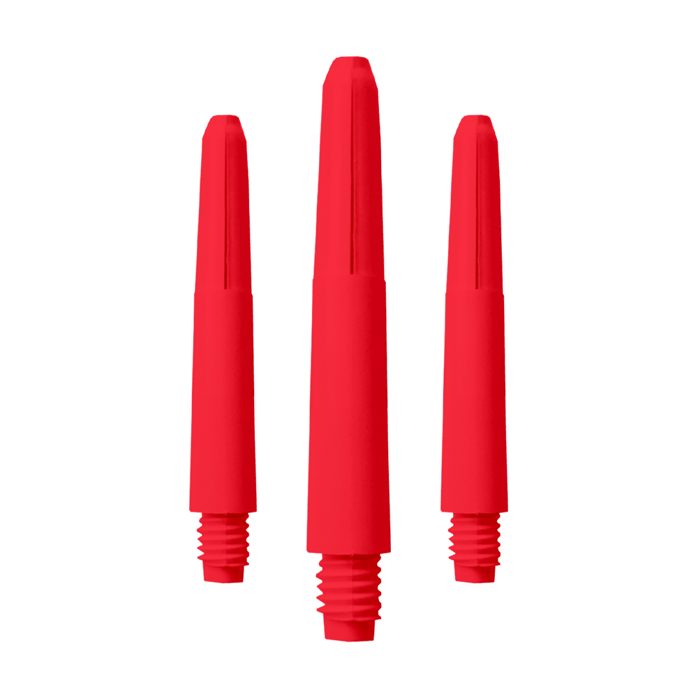 570_Nylon_Shafts_Rot_35mm_1 Das Bild zeigt drei rote Nylon-Schäfte mit Gewinde. Sie sind als Zubehör für Darts geeignet.