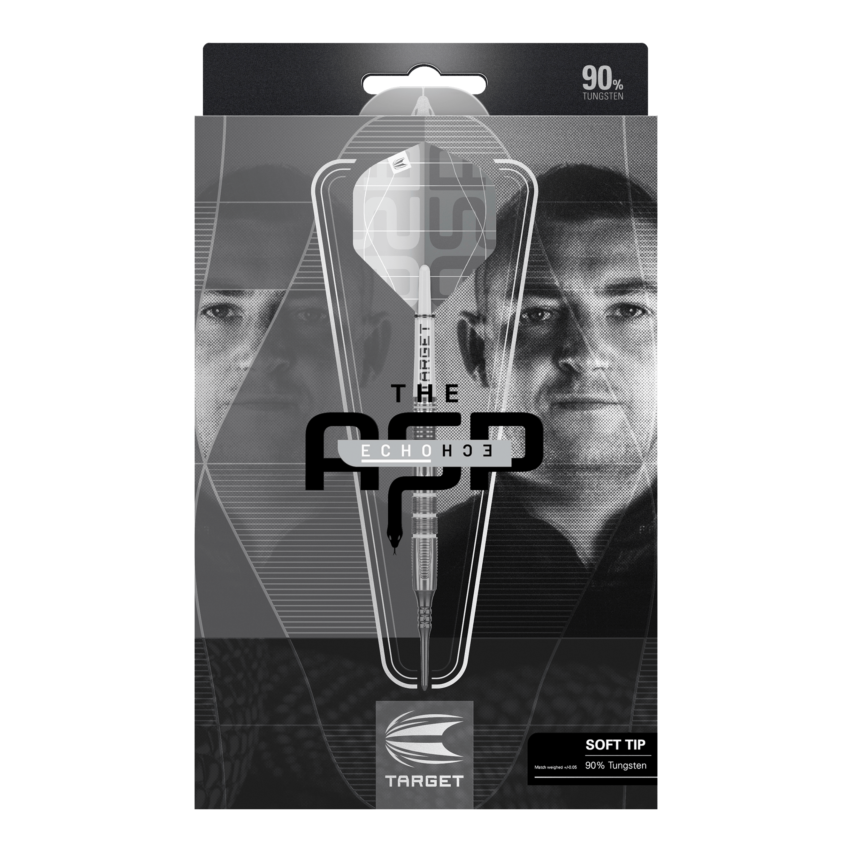 Target Nathan Aspinall X Echo Softdarts - 18g Auf dem Bild ist die Verpackung des Produkts „Target Nathan Aspinall X Echo Softdarts - 18g“ zu sehen. In der Mitte der Verpackung befindet sich ein Softdart mit der Aufschrift „TARGET“ und im Hintergrund sind zwei Gesichter abgebildet.