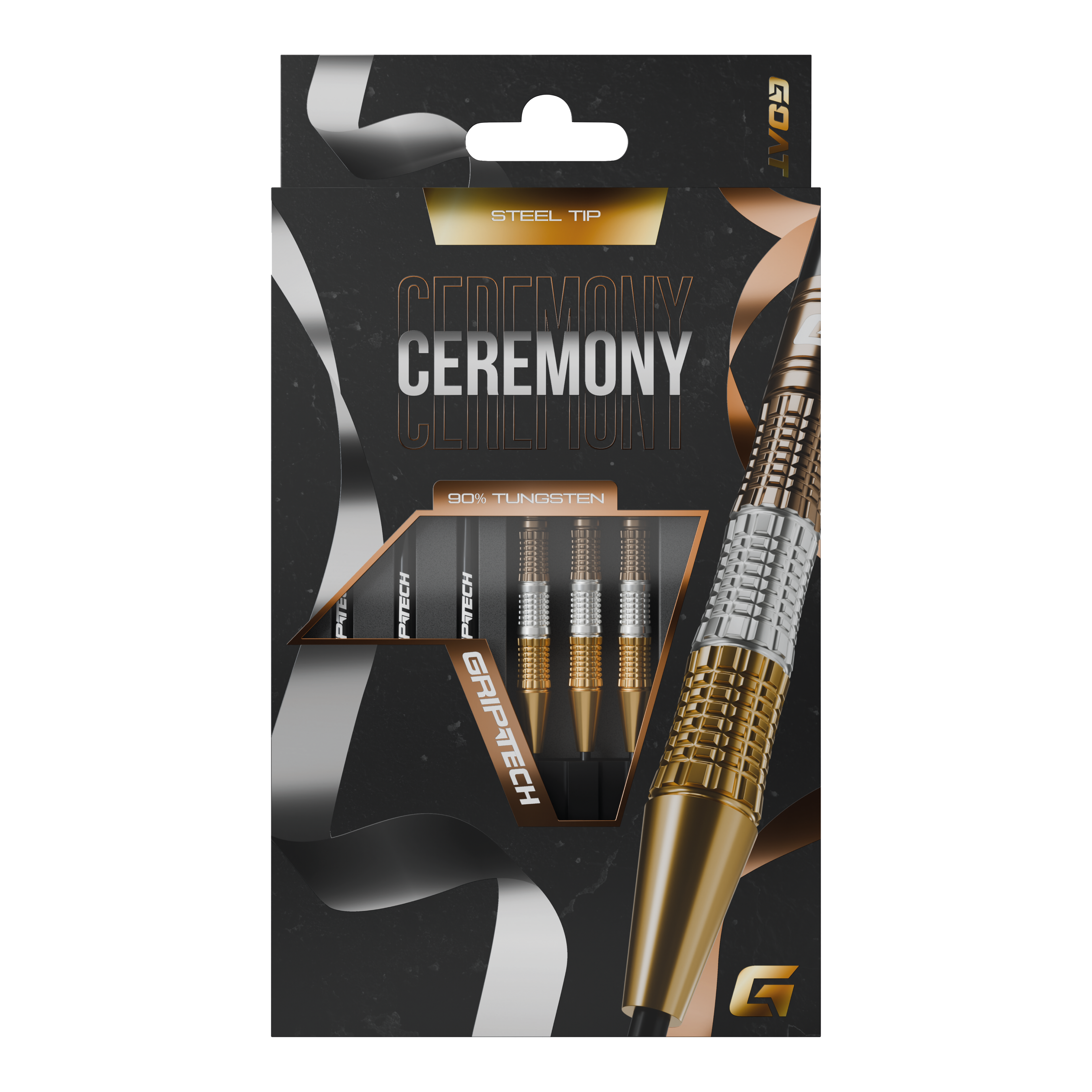 GOAT Ceremony Tungsten Steel Darts Die Abbildung zeigt eine Packung „GOAT Ceremony Tungsten Steeldarts“. Die Verpackung hebt die Eigenschaften wie 90% Tungsten und Grip-Tech besonders hervor.