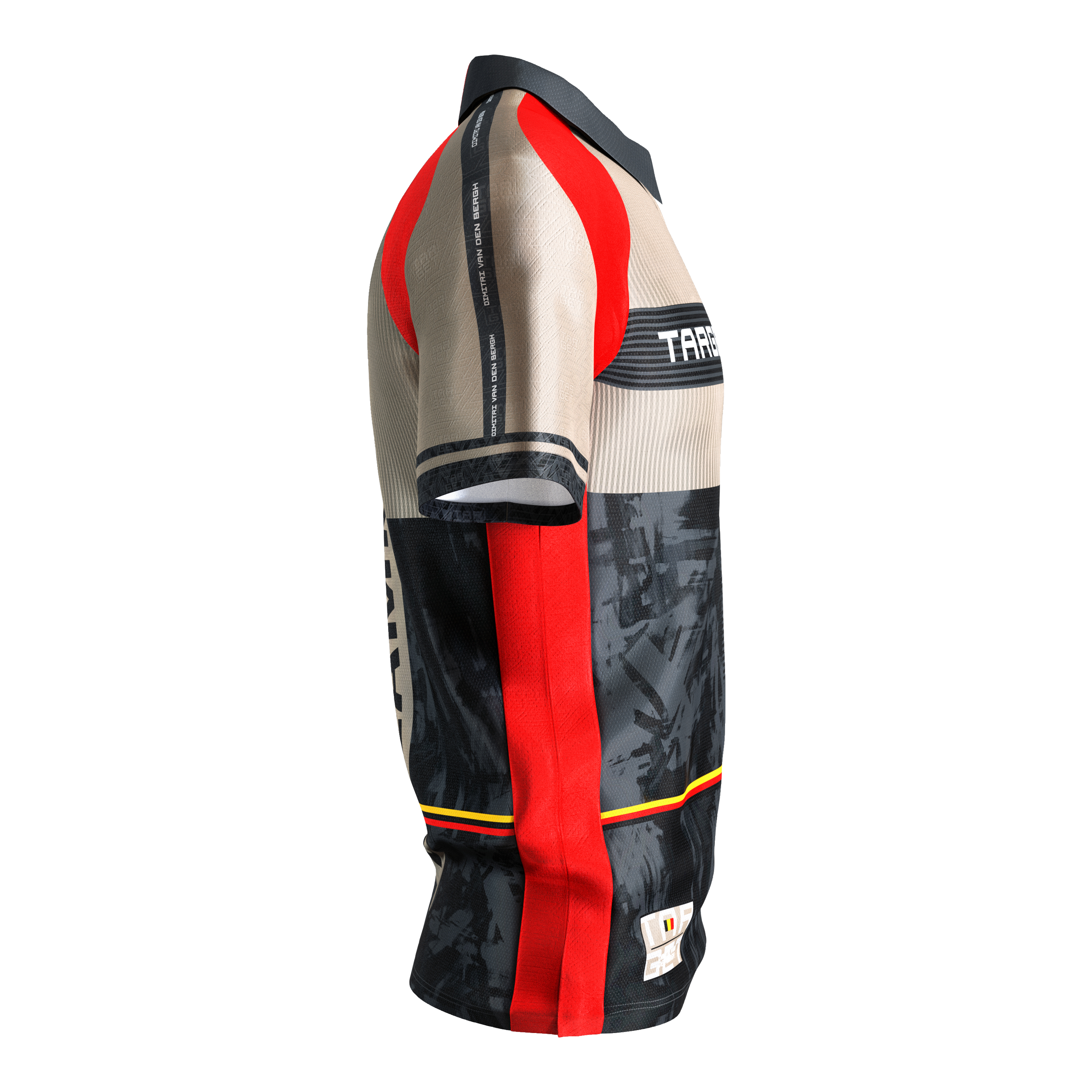 Das Bild zeigt das "Target Coolplay Dimitri Van Den Bergh 2025 Dartshirt". Das Shirt ist in Beige, Schwarz, Rot und Gelb gestaltet und hat sportliche Designelemente.