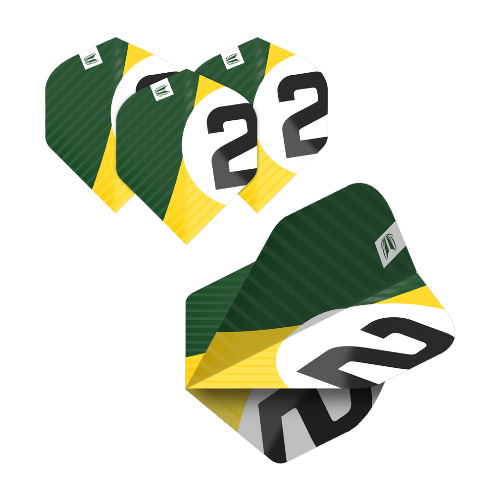 337204_Target_ProUltra_5Sets_Multipack_Chicane_No2_Standard_Flights_2T6fbrXu1nCn0A Das Bild zeigt fünf Sätze Target Pro Ultra Chicane No2 Standard Flights für Dartpfeile. Die Flights sind grün, gelb und weiß mit einer großen schwarzen "2" darauf.