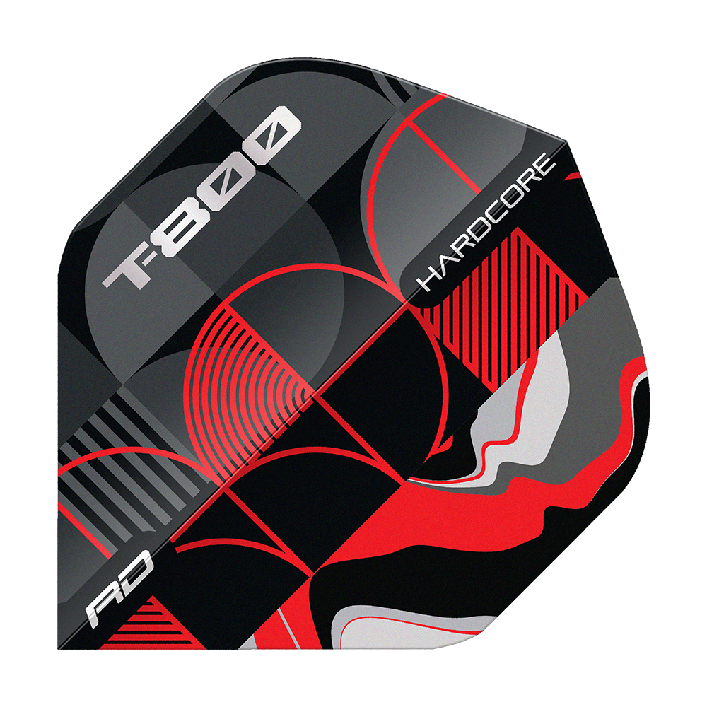 Das Bild zeigt ein Dart-Flight mit dem Namen "Red Dragon Hardcore T-800 No2 Standard Flights". Das Design ist in Schwarz, Rot, Silber und Grau mit geometrischen Mustern und den Aufschriften "T-800" und "Hardcore" gestaltet.