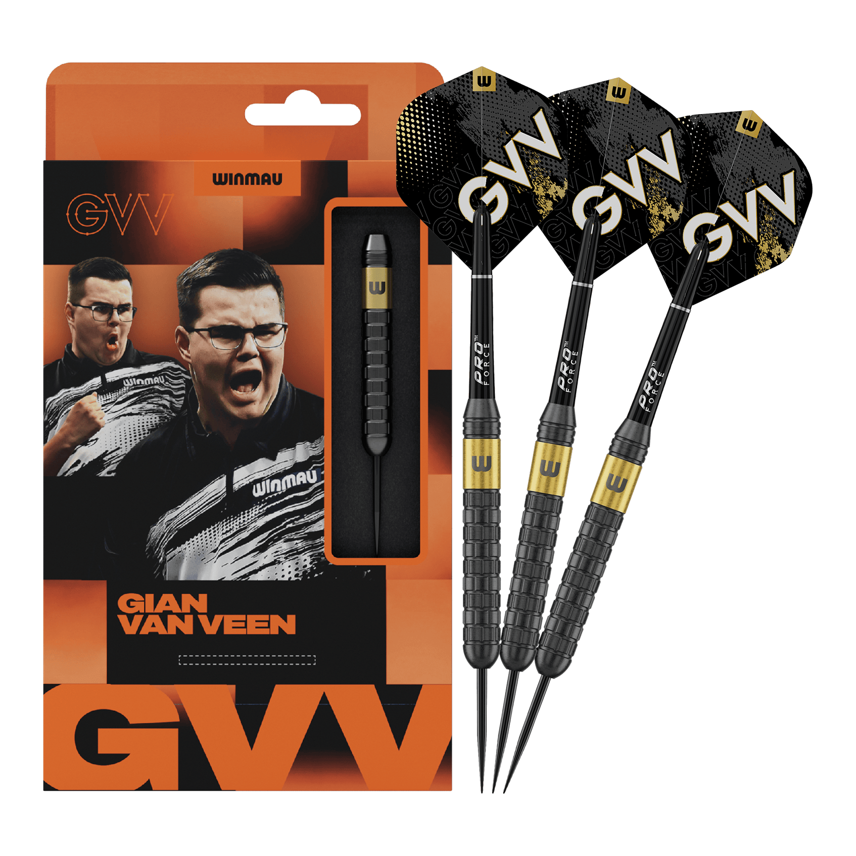Winmau Gian Van Veen Core Brass Steeldarts - 21g Auf diesem Bild sieht man Winmau Gian Van Veen Core Brass Steeldarts mit 21 Gramm. Die Dartpfeile liegen nebeneinander und sind gut erkennbar.