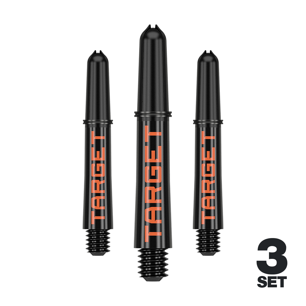 Target Pro Grip TAG Shafts - 3 Sets - Black Orange Auf dem Bild sind drei schwarze Dartschäfte mit orangener "TARGET"-Aufschrift zu sehen. Unten rechts steht "3 SET", was darauf hinweist, dass es sich um ein Set aus drei Stück handelt.