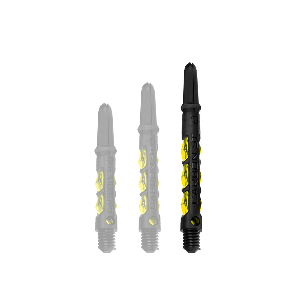 HR421_Harrows_Carbon_ST_Shafts_Gelb_47mm_1 Das Bild zeigt drei Harrows Carbon ST Shafts in Gelb. Die Shafts sind unterschiedlich lang und haben ein schwarzes Design mit gelben Akzenten.