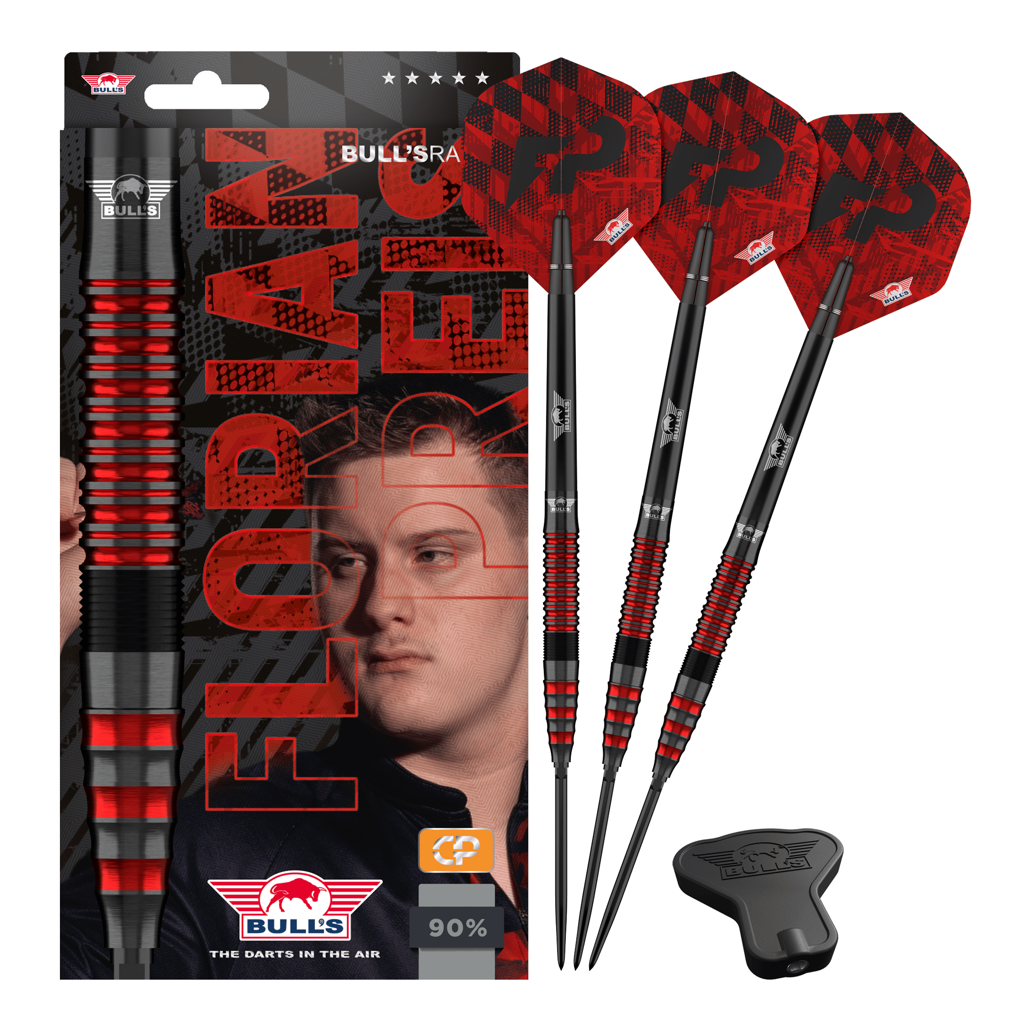 Abgebildet wird Bulls NL Florian Preis 90 Convertible Point Steeldarts. Das Set ist übersichtlich angeordnet.