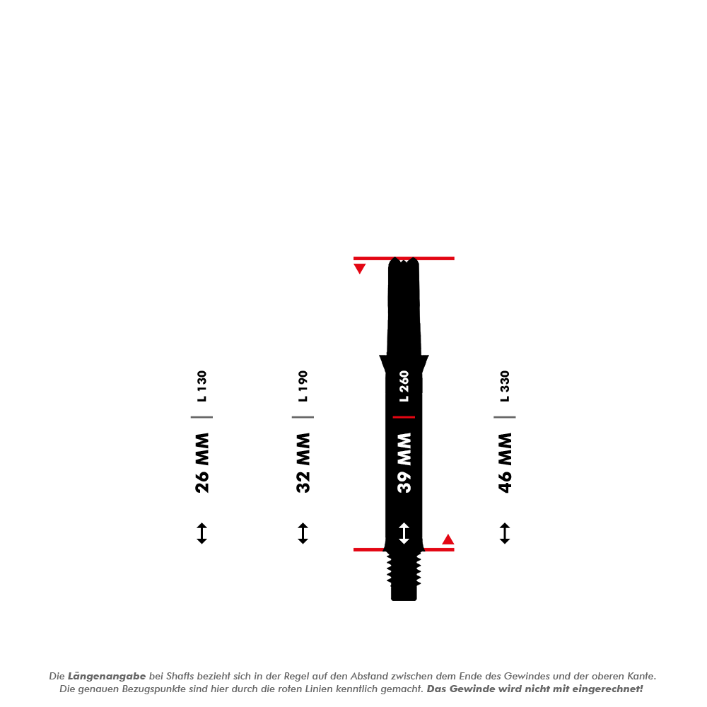 Das Bild zeigt verschiedene Längen von geraden Dartshafts, die in Millimetern angegeben sind. Die L-Shaft mit einer Länge von 39 mm ist in der Mitte hervorgehoben dargestellt.