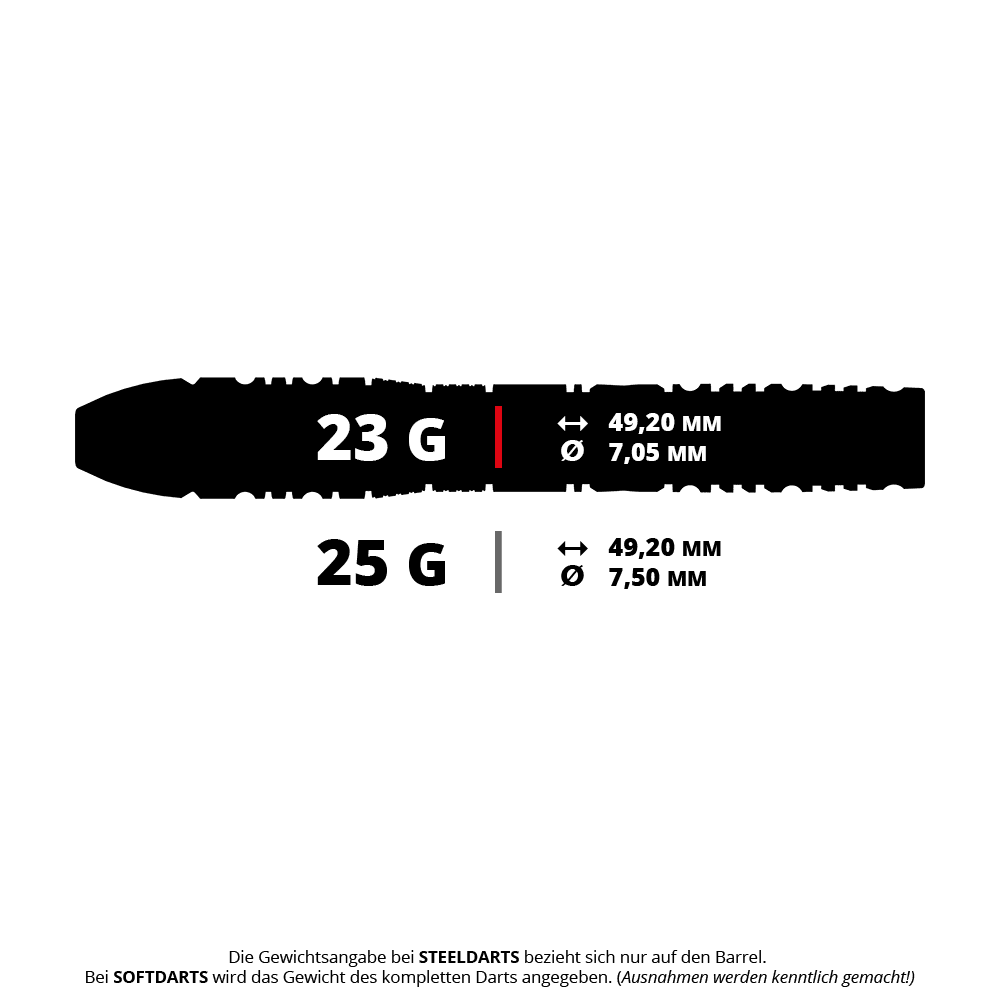 Target Black Marque Dragon 3 Swiss Point Steeldarts Das Bild zeigt die Maße und Gewichtsangaben von Steeldarts mit 23 g und 25 g. Die Länge beträgt jeweils 49,20 mm, der Durchmesser beträgt 7,05 mm bei 23 g und 7,50 mm bei 25 g.