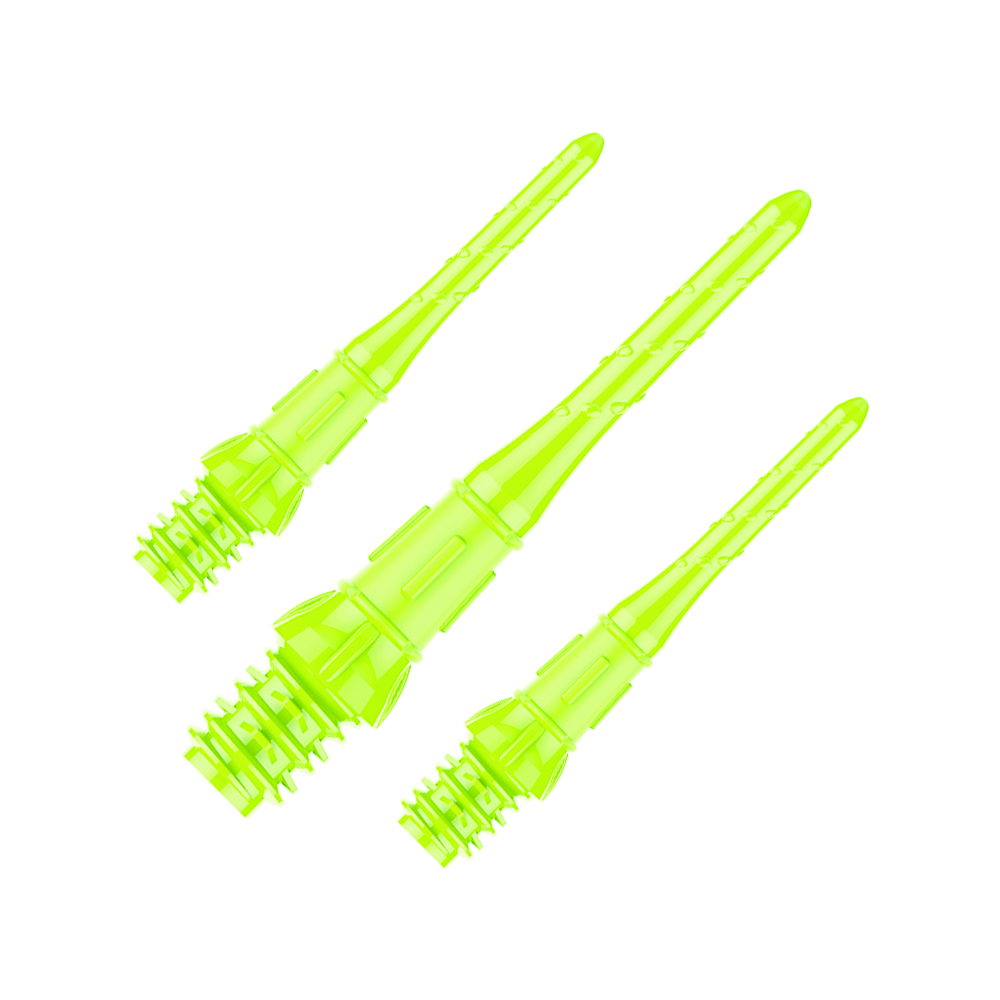 Premium Lippoints (30er Pack) - Spitzen Auf dem Bild sind drei neon-gelbe Dartspitzen zu sehen. Sie liegen nebeneinander und sind aus Kunststoff gefertigt.