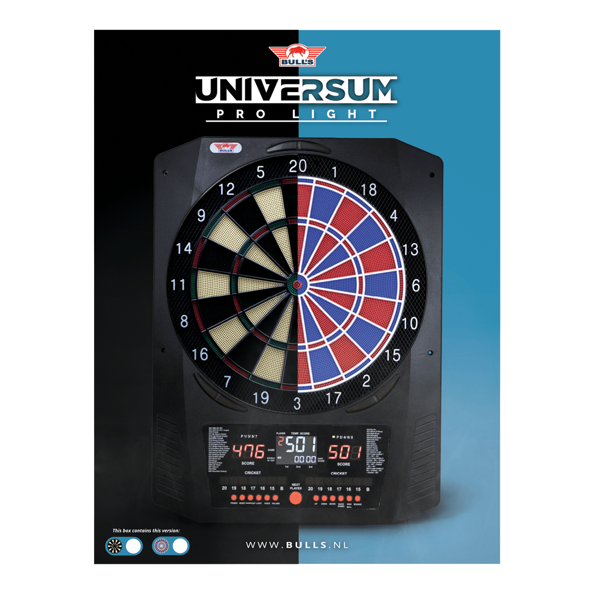 Bulls NL Universum Pro Light Electronic Dartboard - Blue Red Hier sieht man das Bulls NL Universum Pro Light Elektronisches Dartboard in den Farben Blau und Rot. Dieses Dartboard bietet viele Spieloptionen.