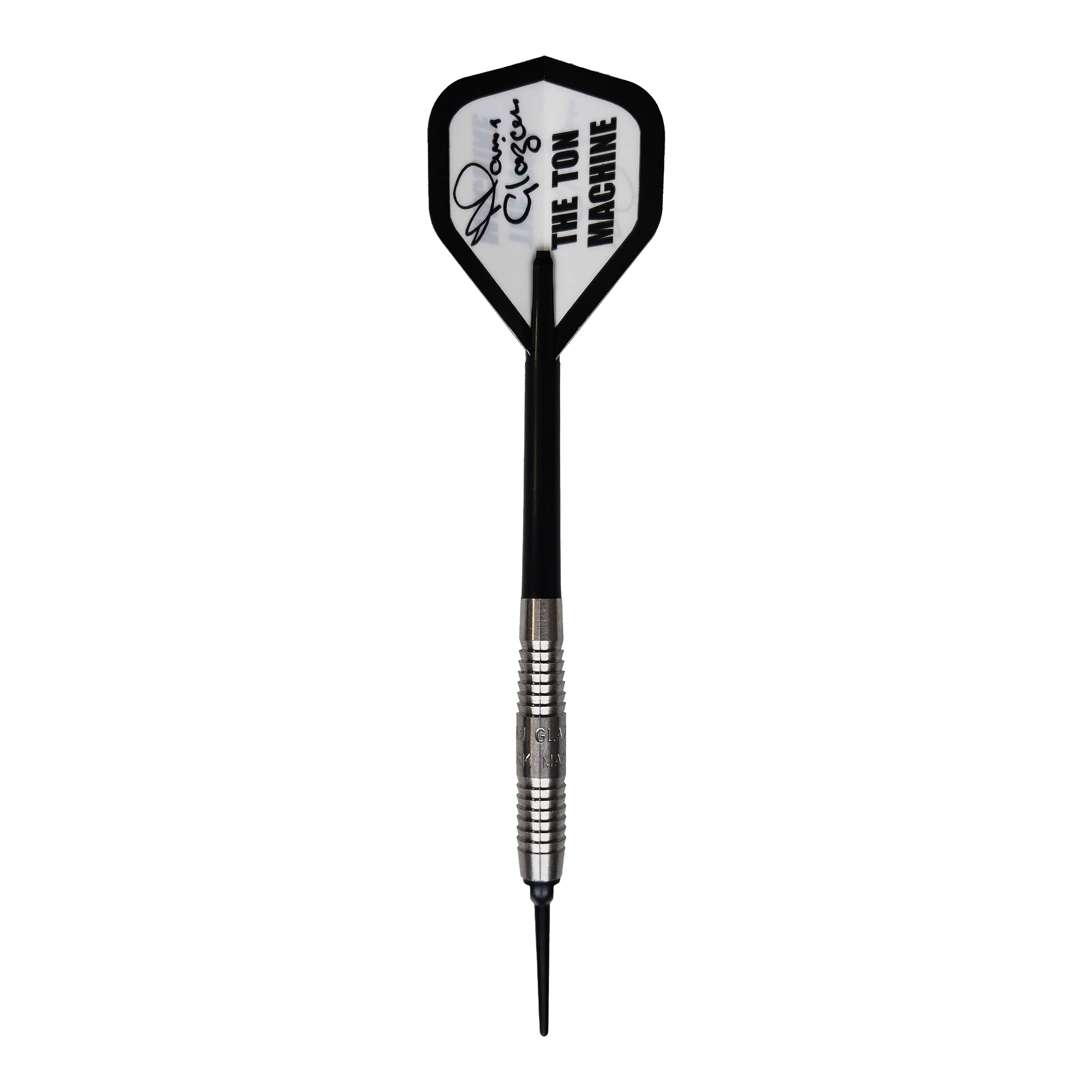 McKicks Alam Glazier Shark Machine Soft Darts Auf dem Bild ist ein McKicks Alam Glazier Shark Machine Softdart zu sehen. Der Dartpfeil hat eine silberne Metallspitze und einen Flight mit der Aufschrift "THE TON MACHINE".