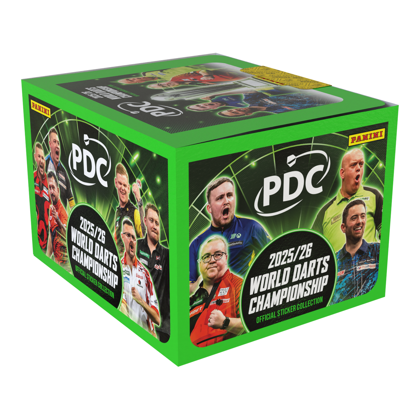 Panini PDC World Darts Championship 2025/26 - Sticker box with 65 packs Auf dem Bild sieht man die Panini PDC World Darts Championship 2025/26 Stickerbox mit 65 Tüten. Die Box ist speziell für Sammler und Fans der Darts-Weltmeisterschaft.