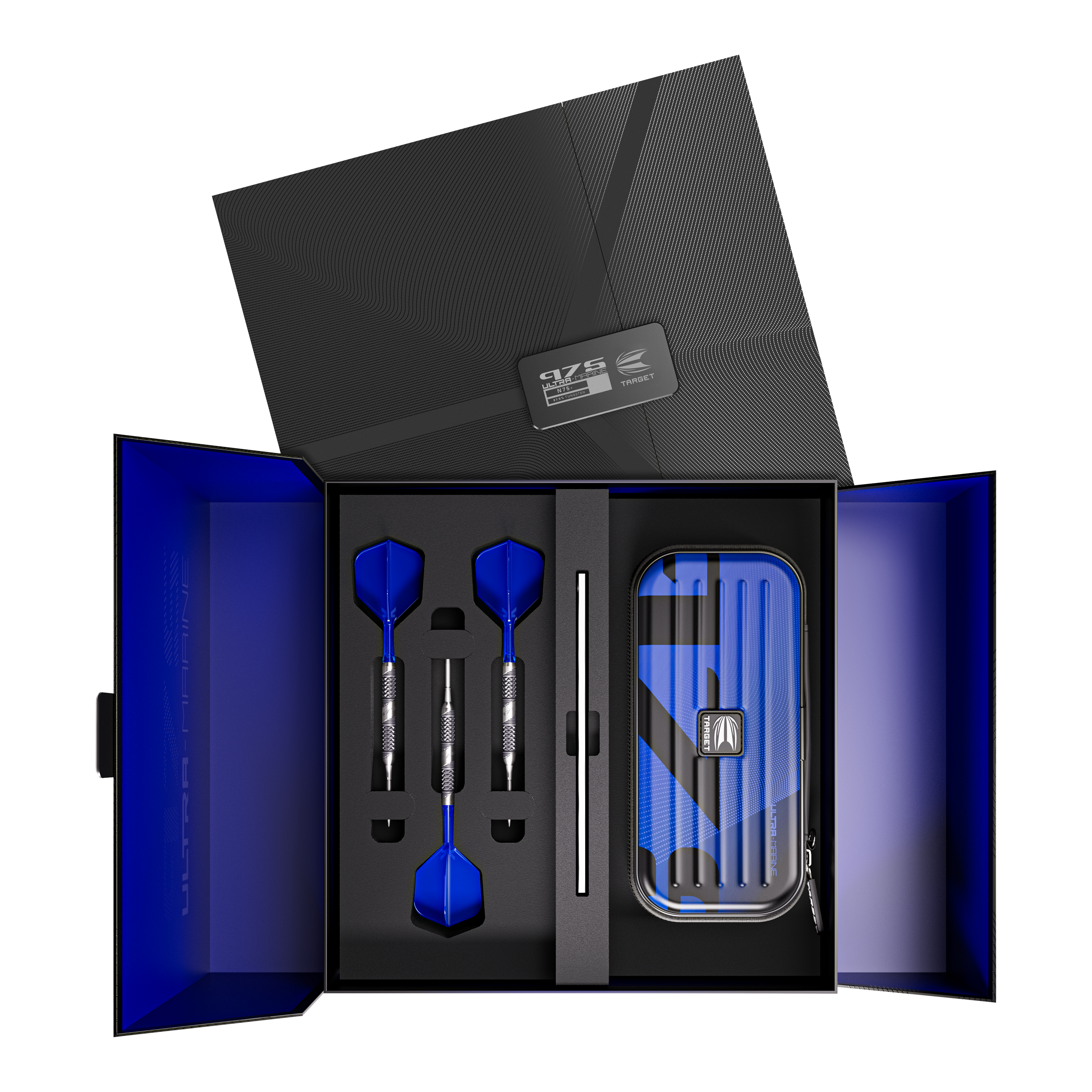 Target 975 Ultra Marine 02 Swiss Point Steel Darts Das Bild zeigt ein elegantes Dart-Set mit drei blauen Steeldarts, sorgfältig in einer Geschenkbox angeordnet. Rechts befindet sich ein passendes Etui im gleichen blauen Design.