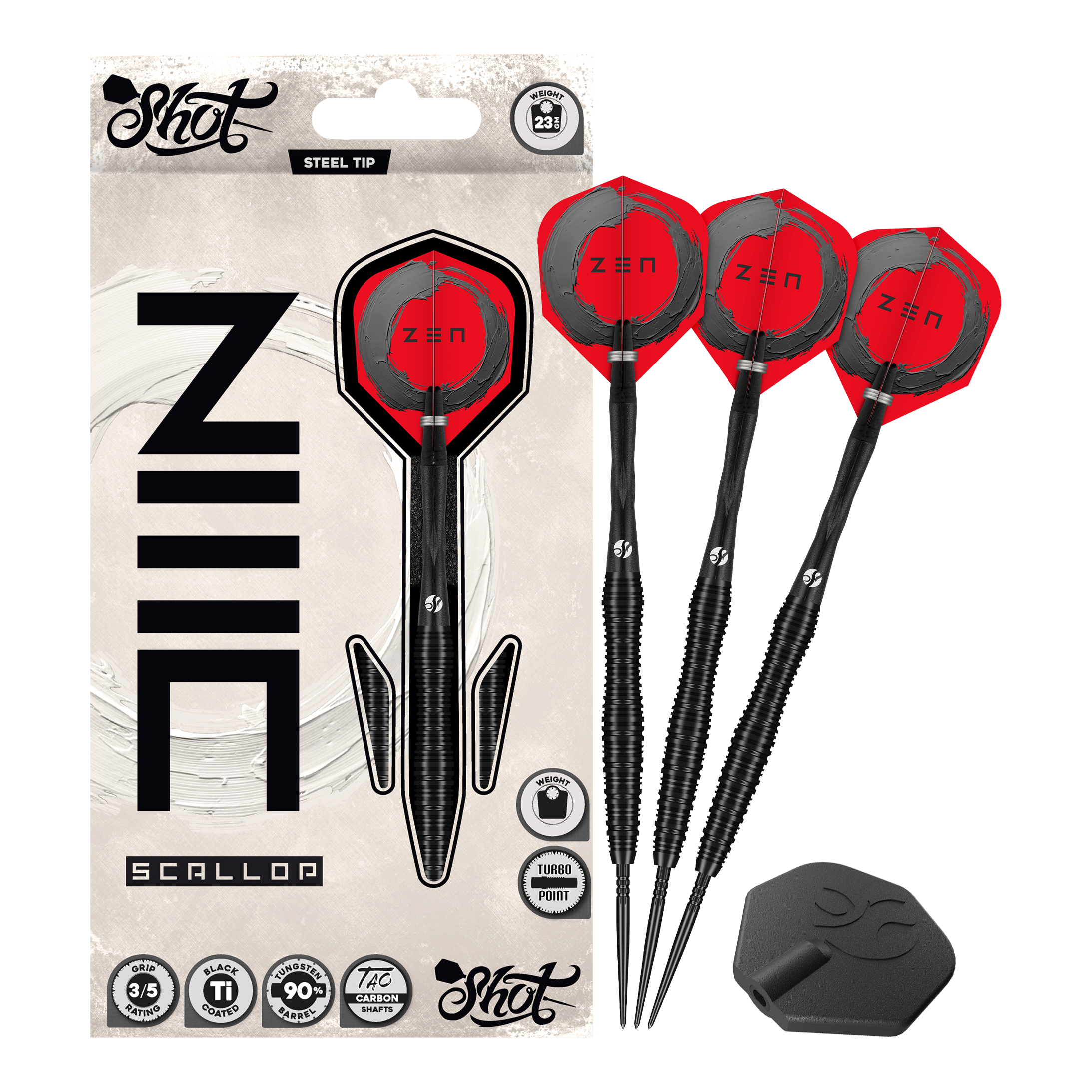 Shot ZEN Scallop Turbo Point Steeldarts - 23g Das Foto präsentiert die Shot ZEN Scallop Turbo Point Steeldarts - 23g in Gesamtansicht. Sie verbinden modernes Design mit hoher Treffsicherheit.