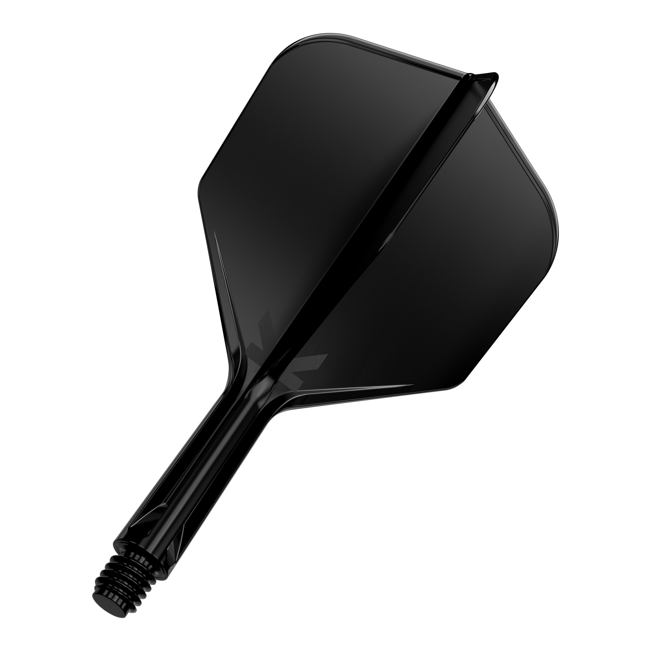 Target K-Flex No6 Flight System - Black Das Bild zeigt eine schwarze Dartflügel- und Schaftkombination. Sie ist vor einem schwarzen Hintergrund dargestellt.