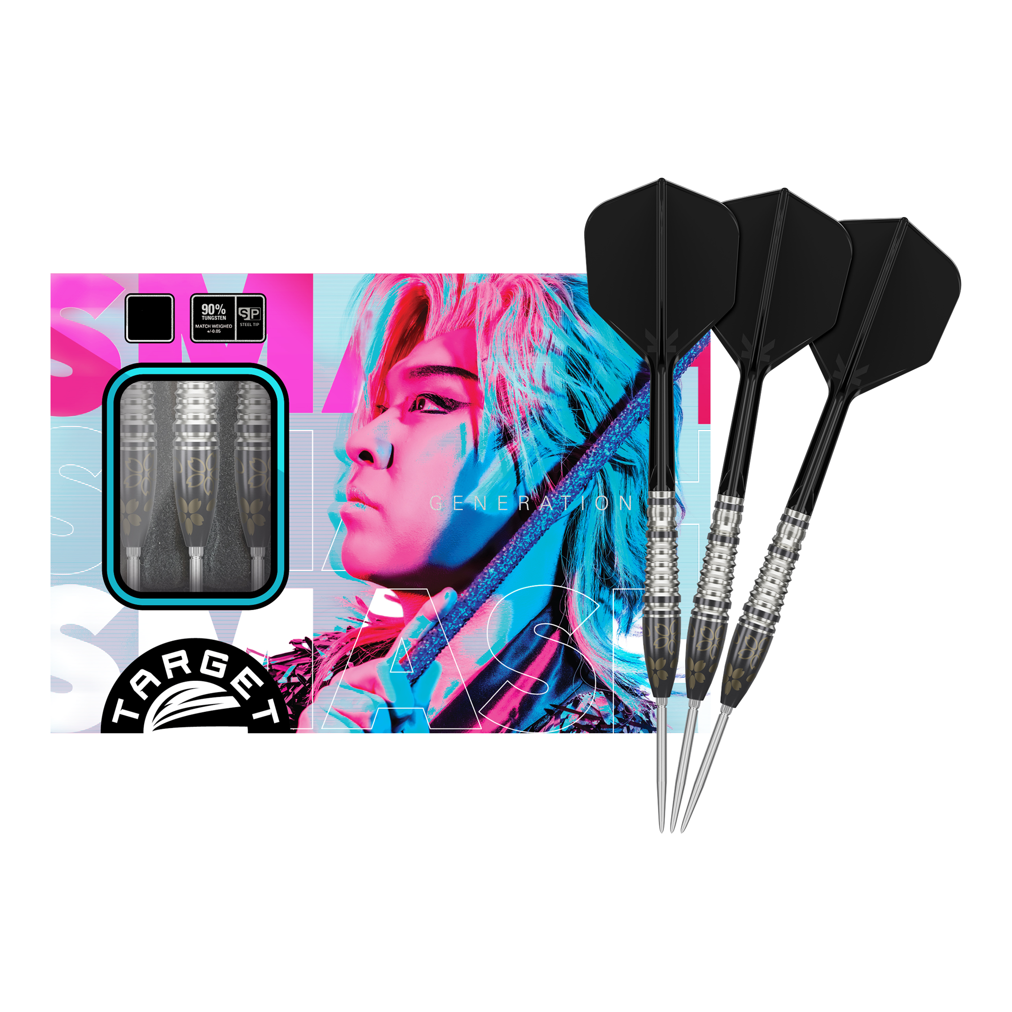 Target Japan Junya Koikawa Charm Smash GEN3 Swiss Point Steel Darts - 23g Das Bild zeigt ein Set von Target Japan Junya Koikawa Charm Smash GEN3 Swiss Point Steeldarts mit einem Gewicht von 23g. Auf der Verpackung ist ein farbenfrohes Porträt abgebildet, daneben sind drei schwarze Steeldarts zu sehen.