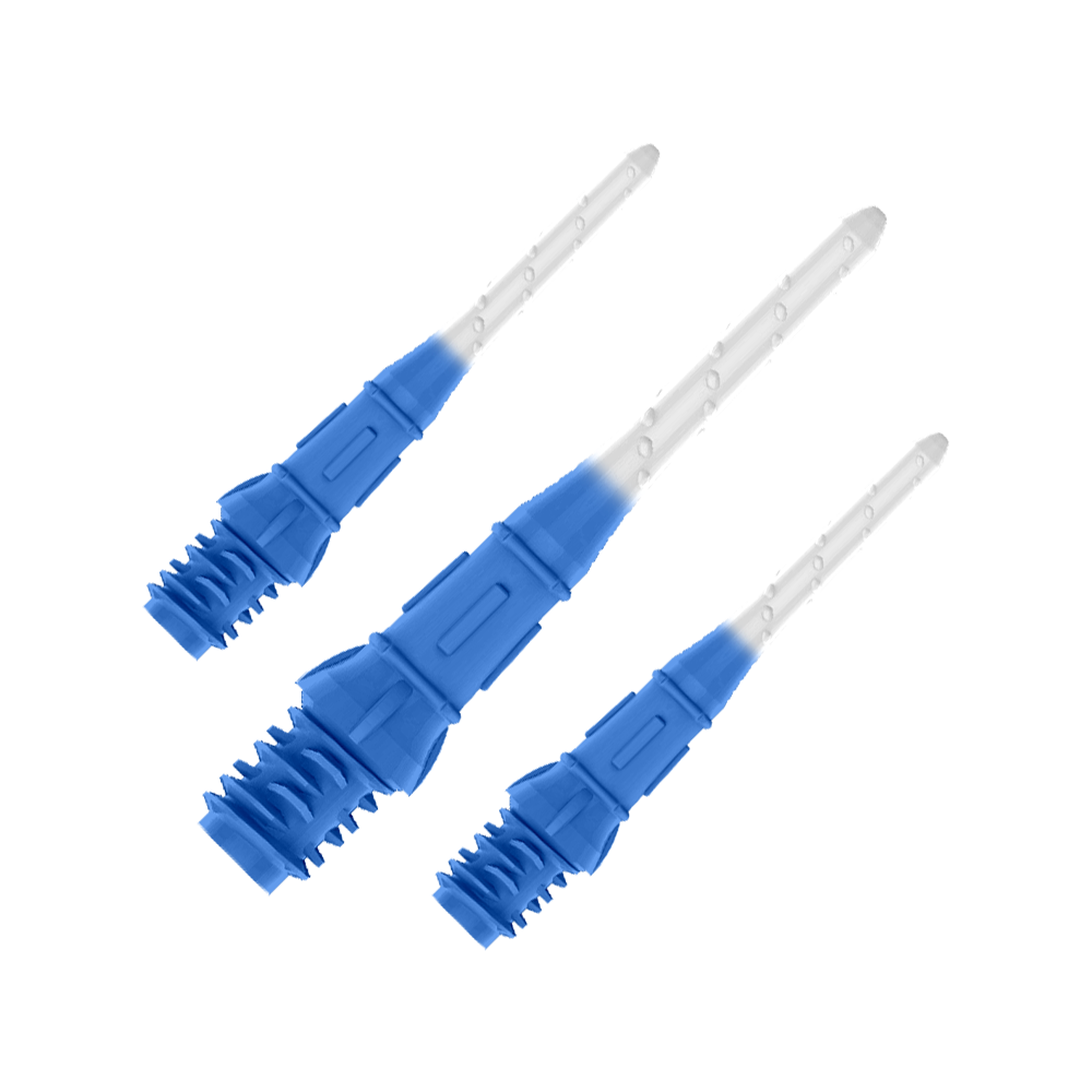 Das Bild zeigt drei blaue und weiße Dartspitzen, die nebeneinander liegen. Die Spitzen haben ein zweifarbiges Design mit dunklem Blau am unteren Teil und Weiß am oberen Teil.