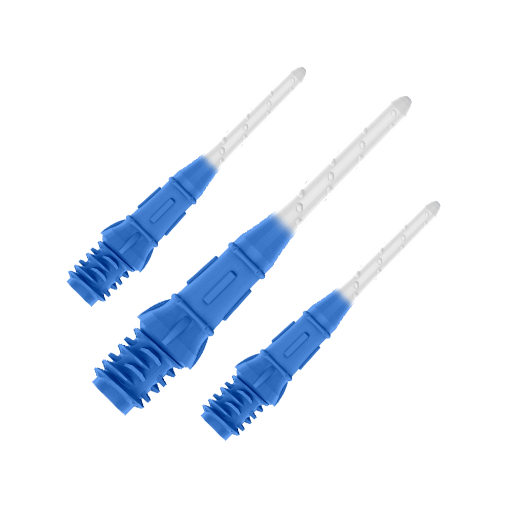 L-Style Premium Two Tone Lippoints (Pack of 30) Das Bild zeigt drei blaue und weiße Dartspitzen, die nebeneinander liegen. Die Spitzen haben ein zweifarbiges Design mit dunklem Blau am unteren Teil und Weiß am oberen Teil.
