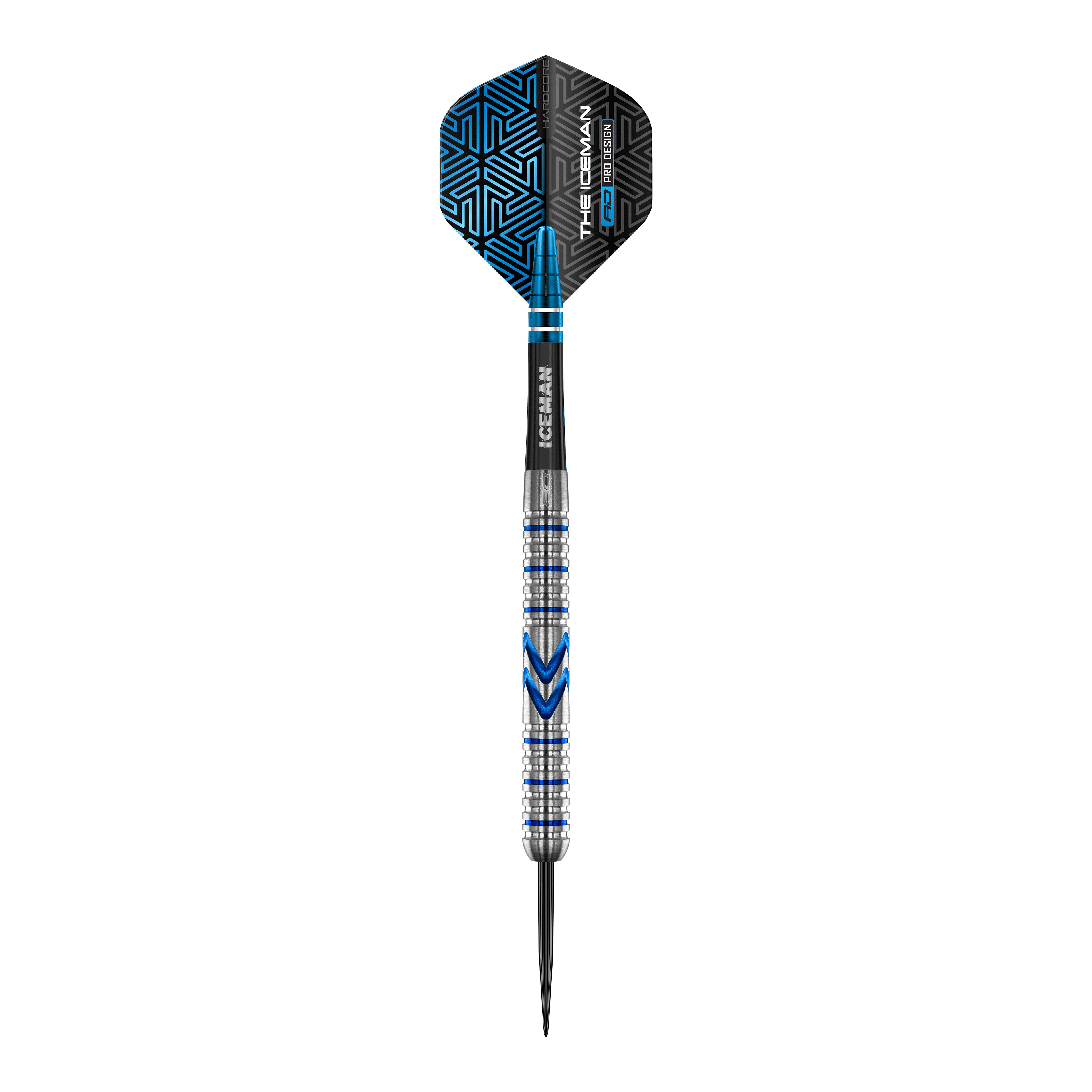 Red Dragon Gerwyn Price Iceman Midnight Edition steel darts Das Bild zeigt einen Steeldart aus der Serie "Red Dragon Gerwyn Price Iceman Midnight Edition". Der Dart hat ein silbernes und blaues Design mit schwarzen Akzenten auf dem Flight.