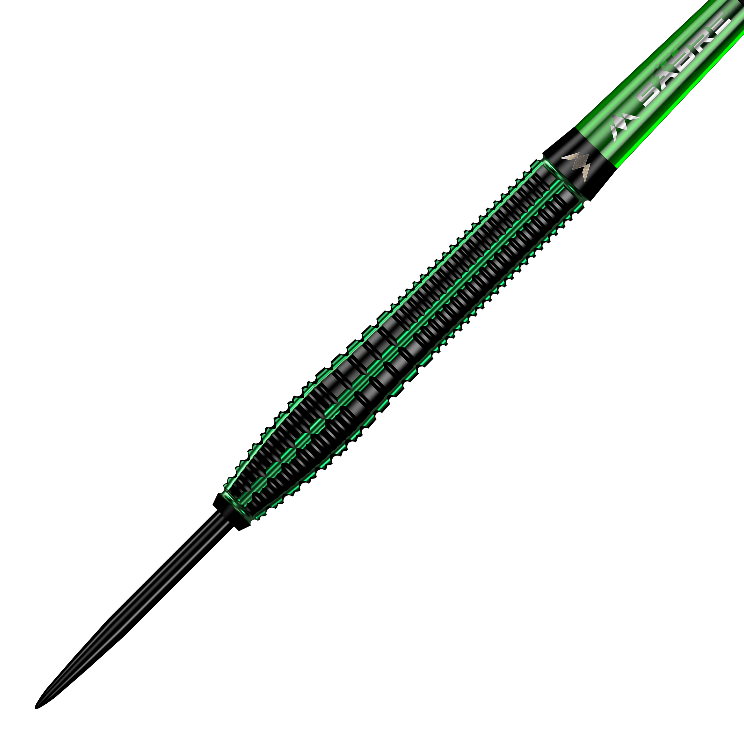 Mission Venom steel darts Das Bild zeigt einen Mission Venom Steeldart mit einem schwarzen und grünen Design. Der Dartpfeil hat eine schlanke Form und auffällige grüne Akzente entlang des Schafts.