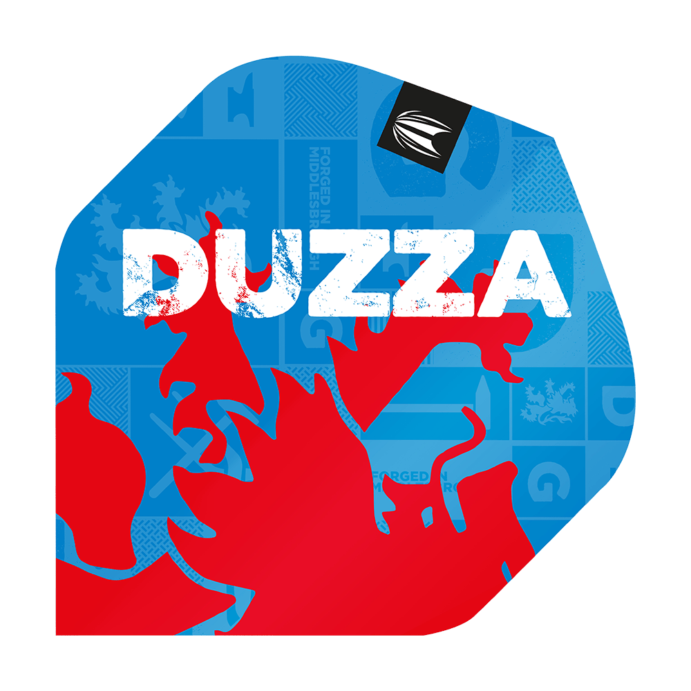 TG7_335730_Target_ProUltra_Glen_Durrant_No2_Standard_Flights_1 Das Bild zeigt die Target ProUltra Glen Durrant No2 Standard Flights. Auf dem blauen Flight steht in großen weißen Buchstaben "DUZZA" und es ist ein rotes grafisches Motiv zu sehen.