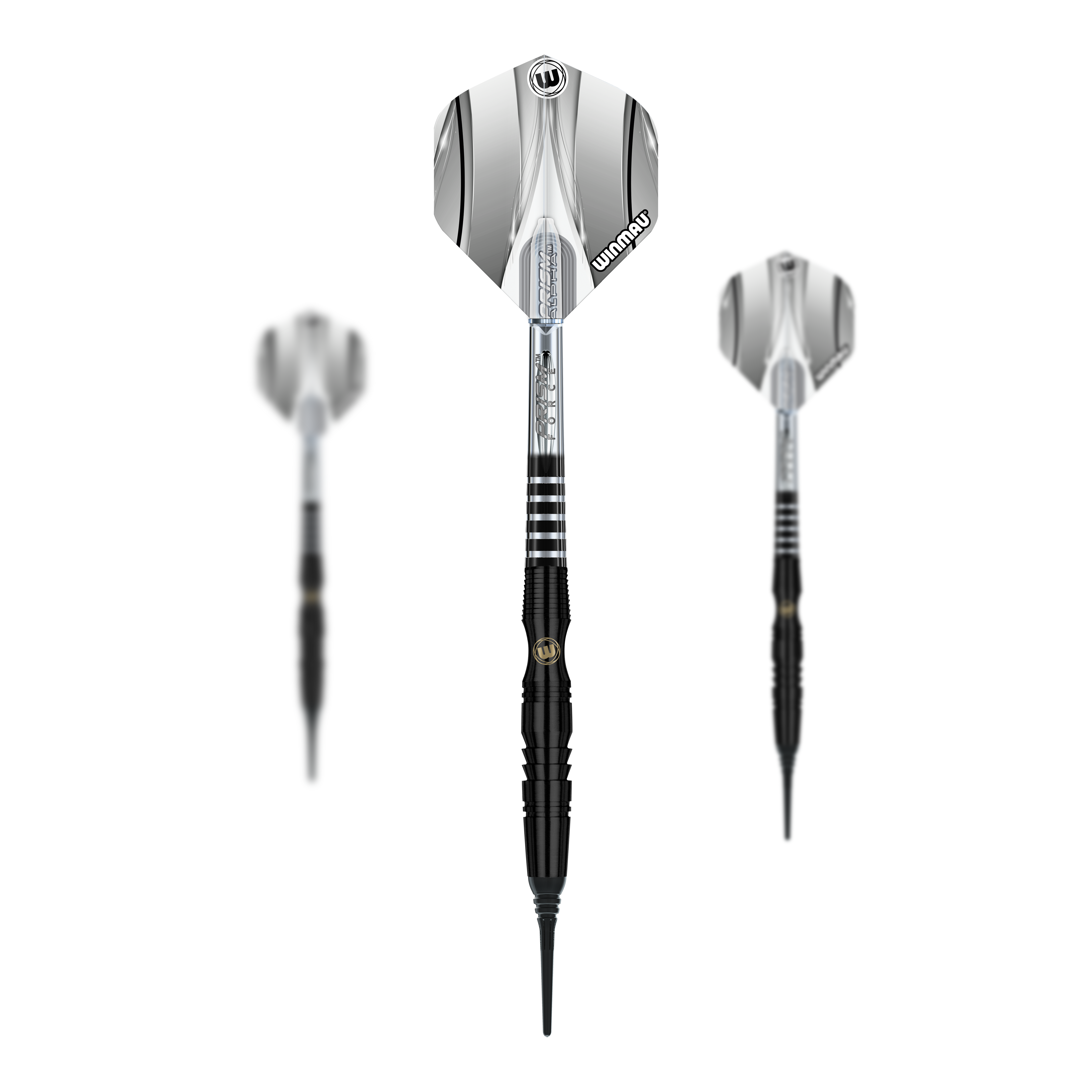 Winmau Sniper Black soft darts - 20g Das Bild zeigt drei Winmau Sniper Black Softdarts mit einem Gewicht von 20g. Die Darts haben schwarze Spitzen und silber-schwarze Flights.