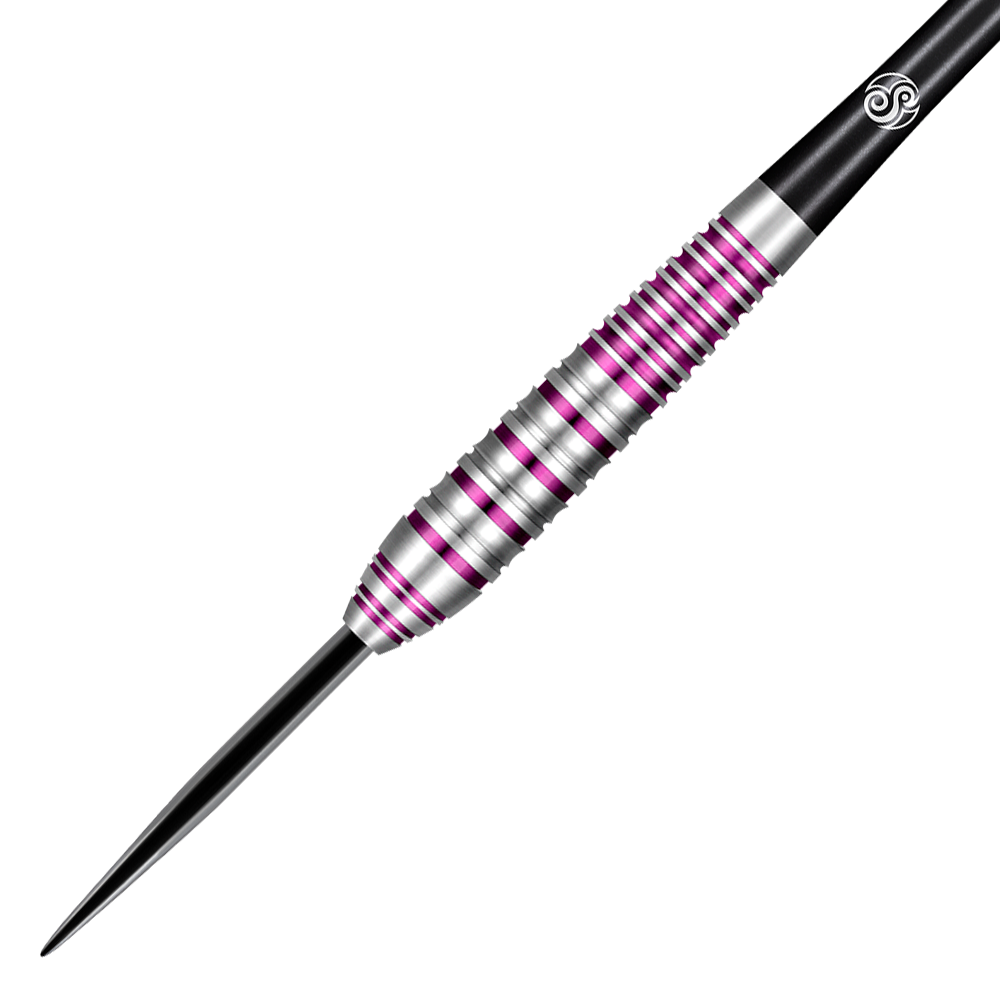 67163_Shot_ZEN_Juji_Steeldarts_2 Das Bild zeigt einen silbernen Dartpfeil mit schwarzen und violetten Rillen. Der Hintergrund ist in Streifen gehalten, die die Farben des Dartpfeils widerspiegeln.