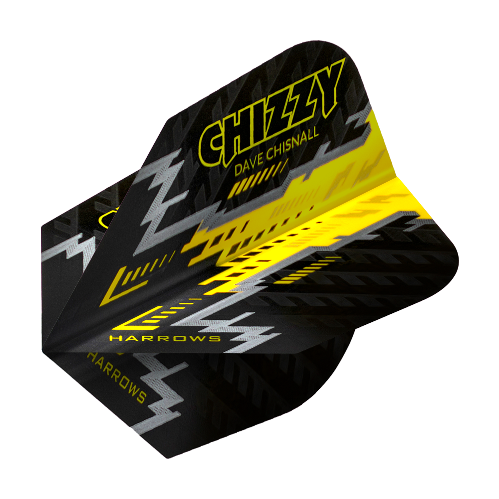 HR7532_Harrows_Dave_Chisnall_Prime_Schwarz_Gelb_No6_Flights_2 Das Bild zeigt ein Dartflight mit schwarzem, gelbem und silbernem Design. Auf dem Flight steht "Chizzy Dave Chisnall" sowie "Harrows".